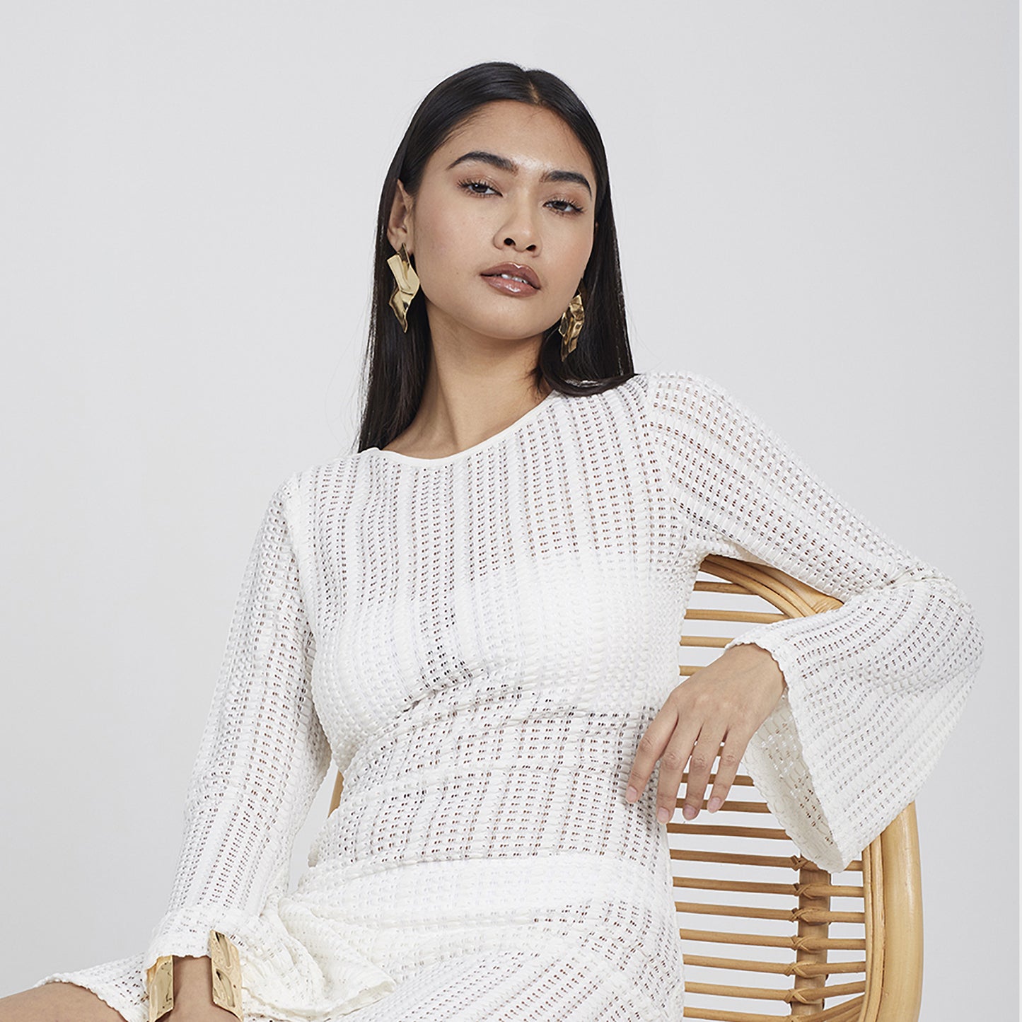 Brave Soul Off White Long Sleeve Knitted Mesh Mini Dress - Off White Image 3
