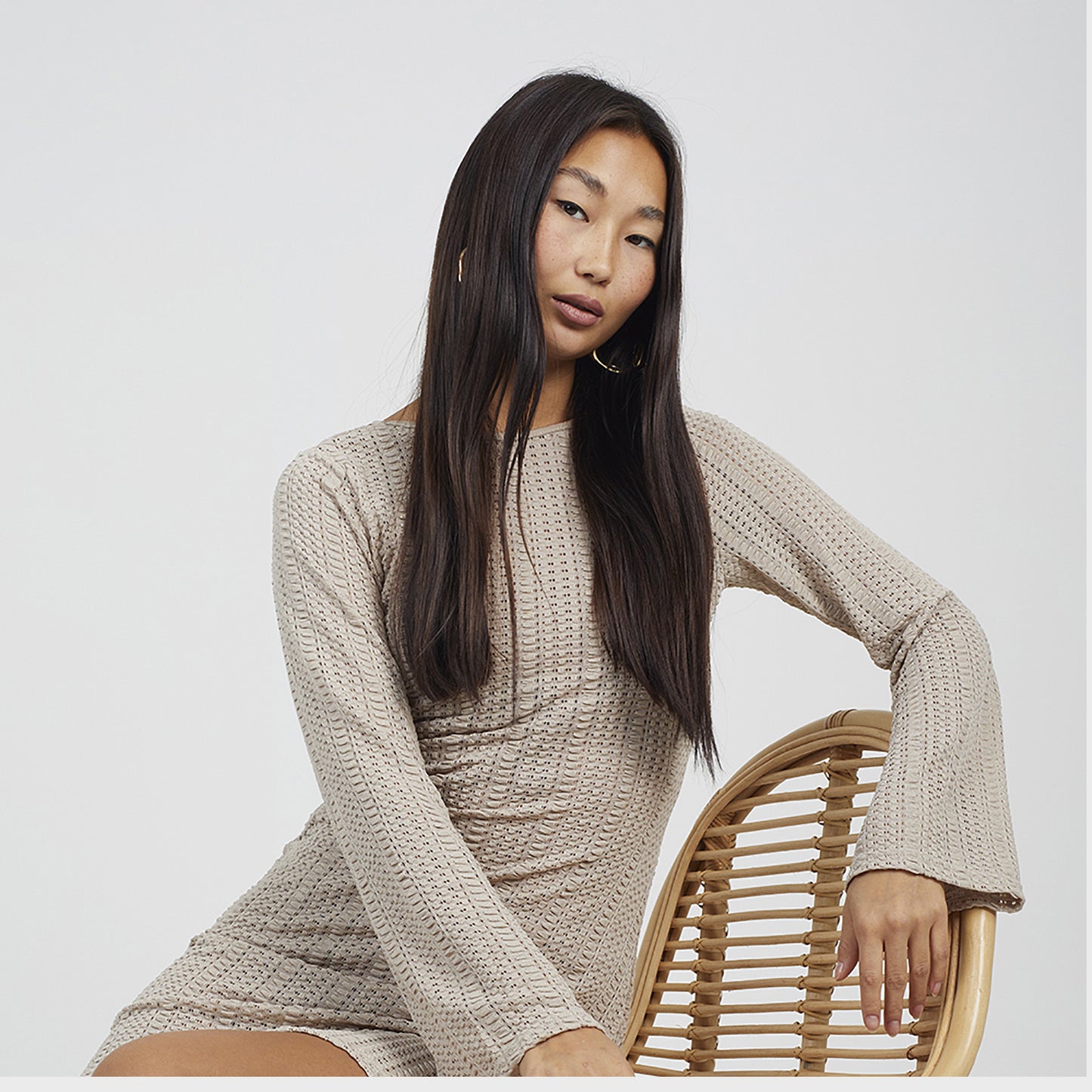 Brave Soul Taupe Long Sleeve Knitted Mesh Mini Dress - Taupe Image 4