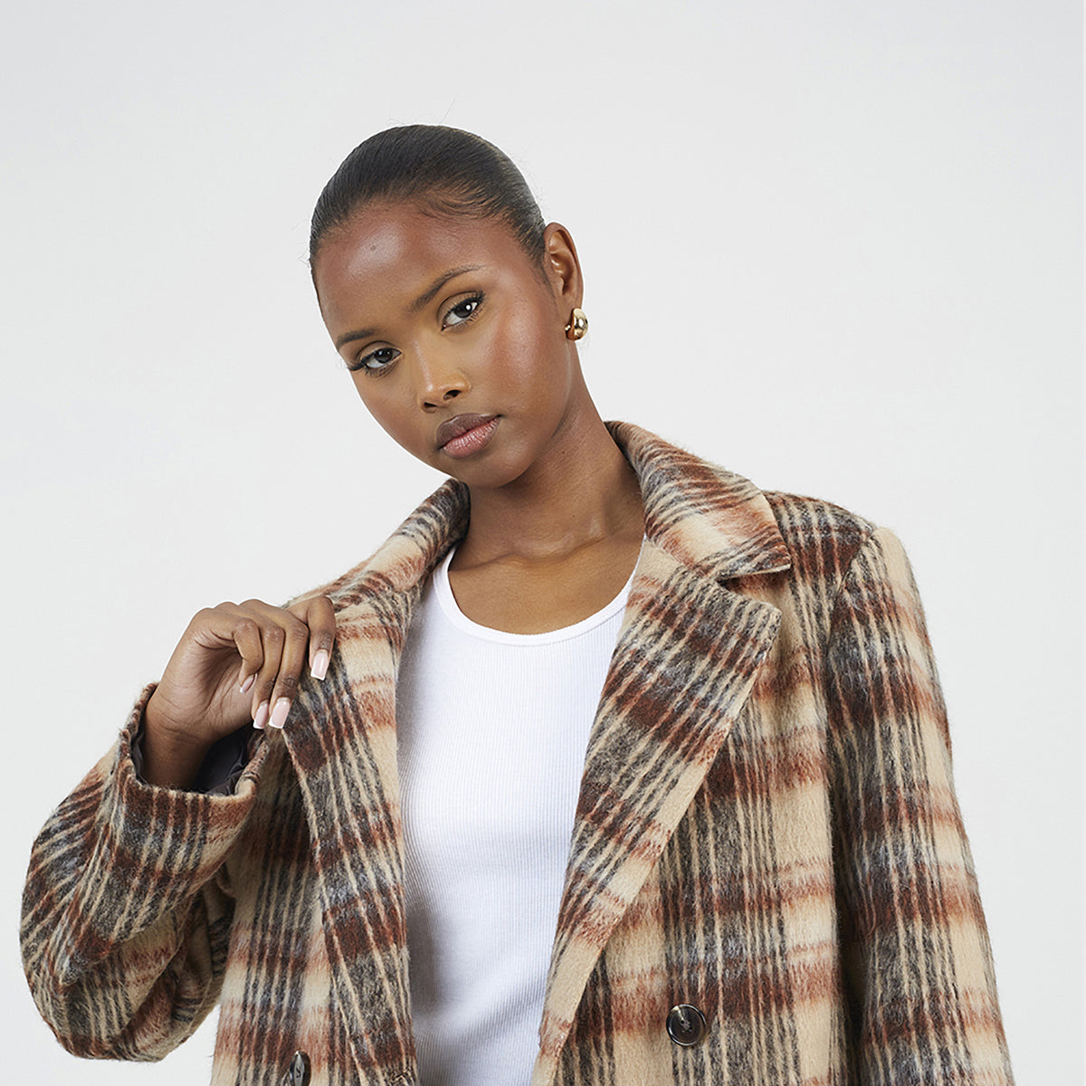 Brave Soul Brown Double Breasted Faux Wool Maxi Check Coat - Brown Image 3