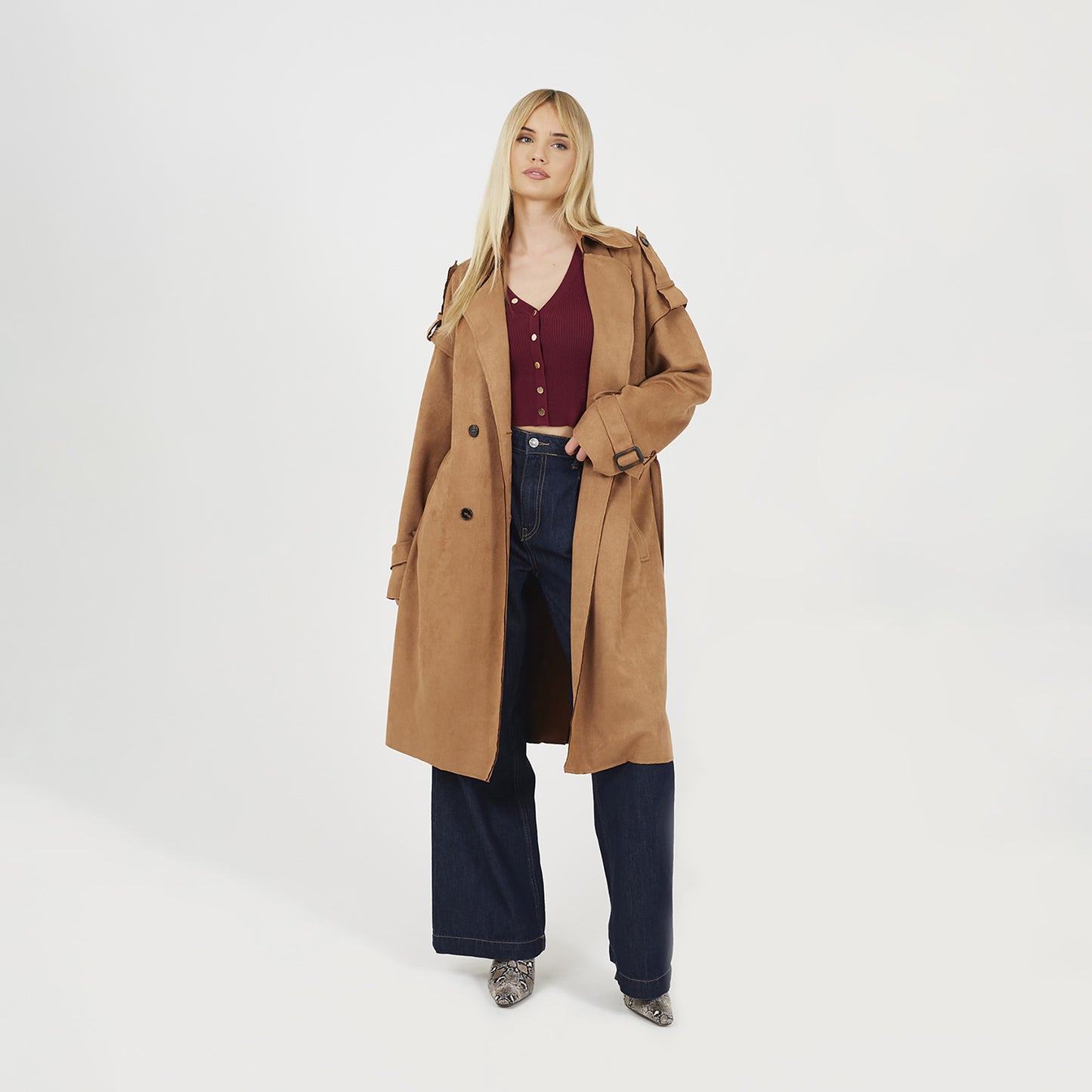 Brave Soul Tan Faux Suede Double Breasted Trench Coat - Tan Image 3