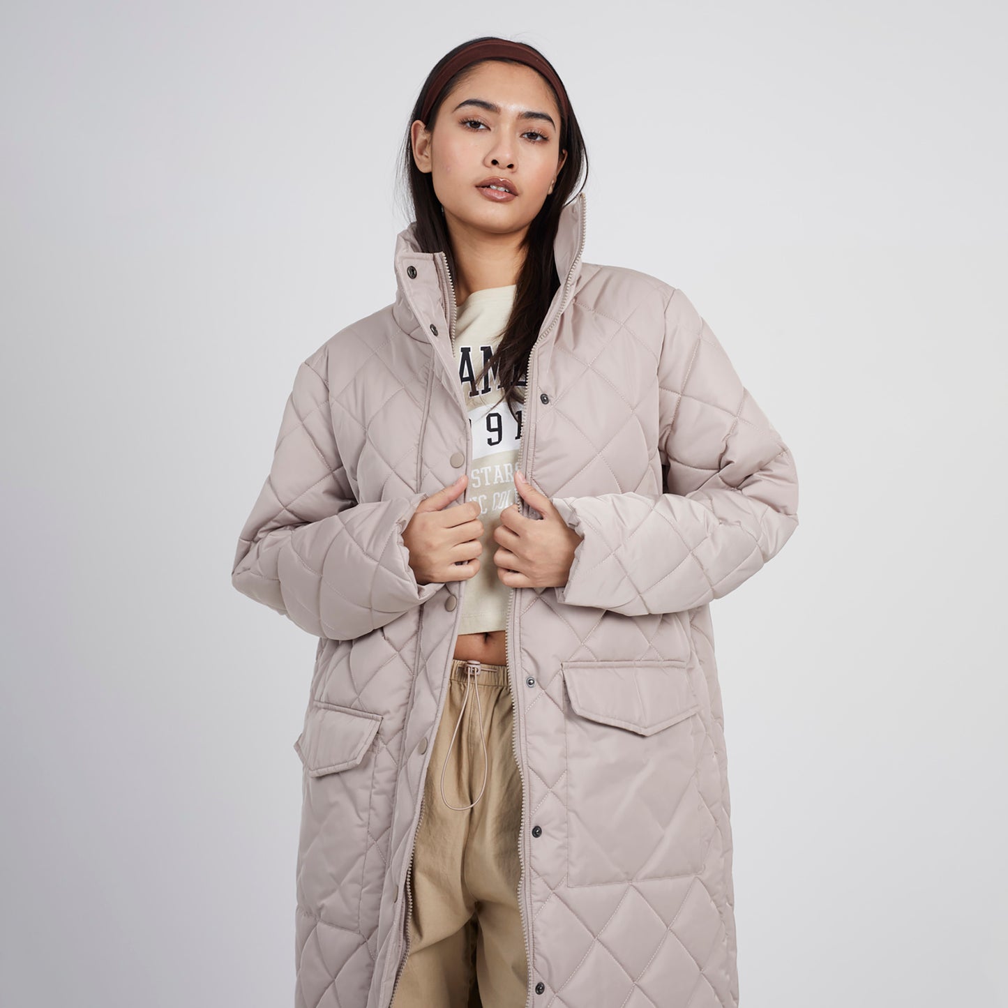 Brave Soul Stone Longline Diamond Quilted Jacket - Stone Image 3