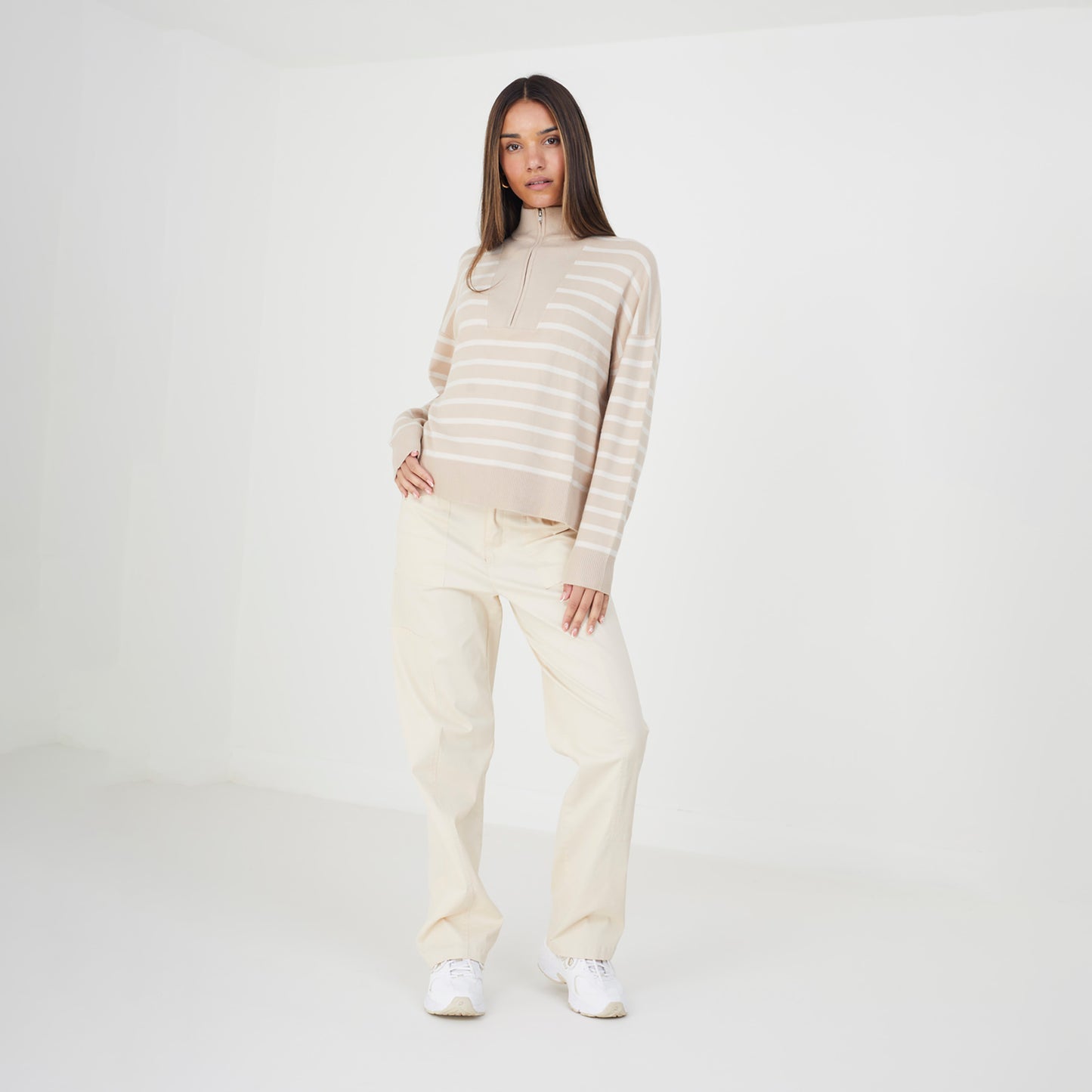 Brave Soul Stone Striped 1/2 Zip Knitted Jumper - Stone Image 3