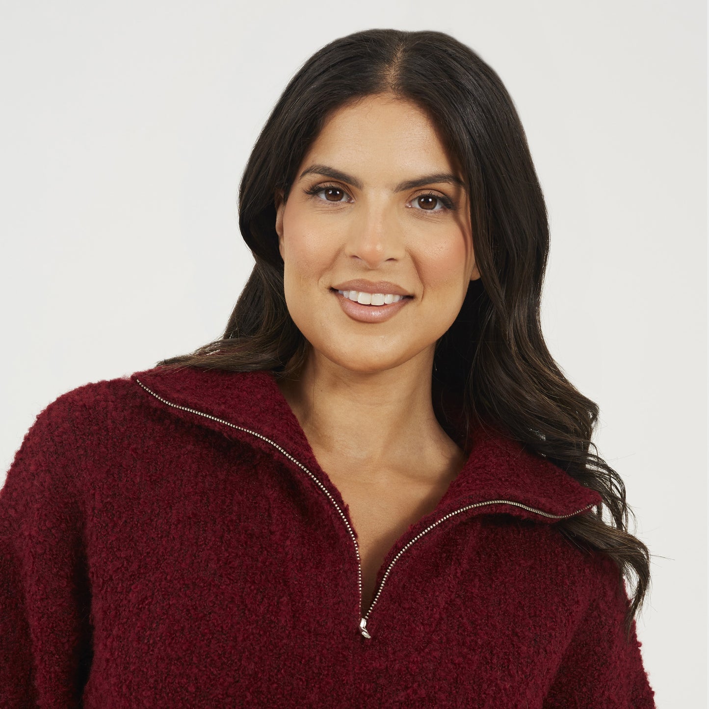 Brave Soul Wine Boucle Yarn Jumper With Zip Neck - Wine Image 4