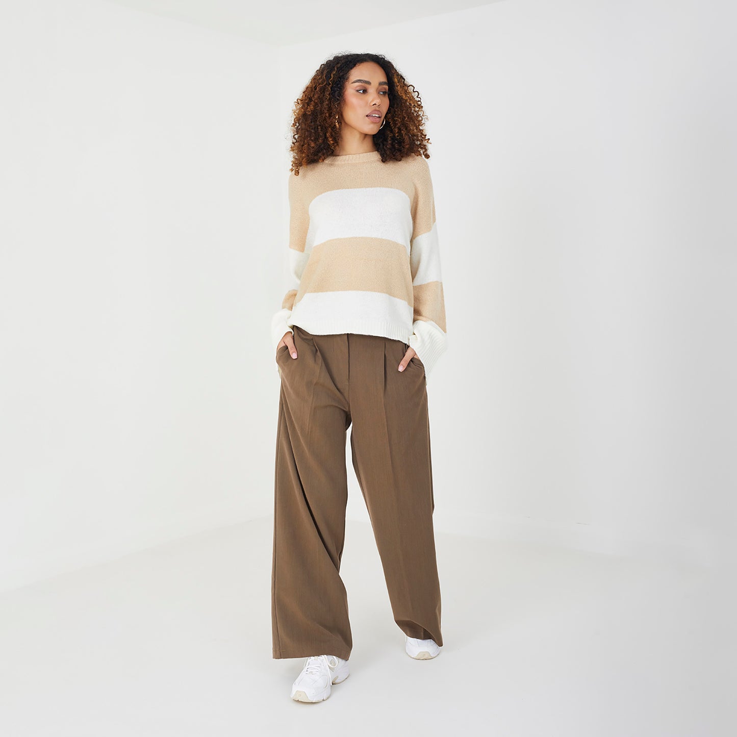 Brave Soul Beige Striped Lightweight Knitted Jumper - Beige Image 3