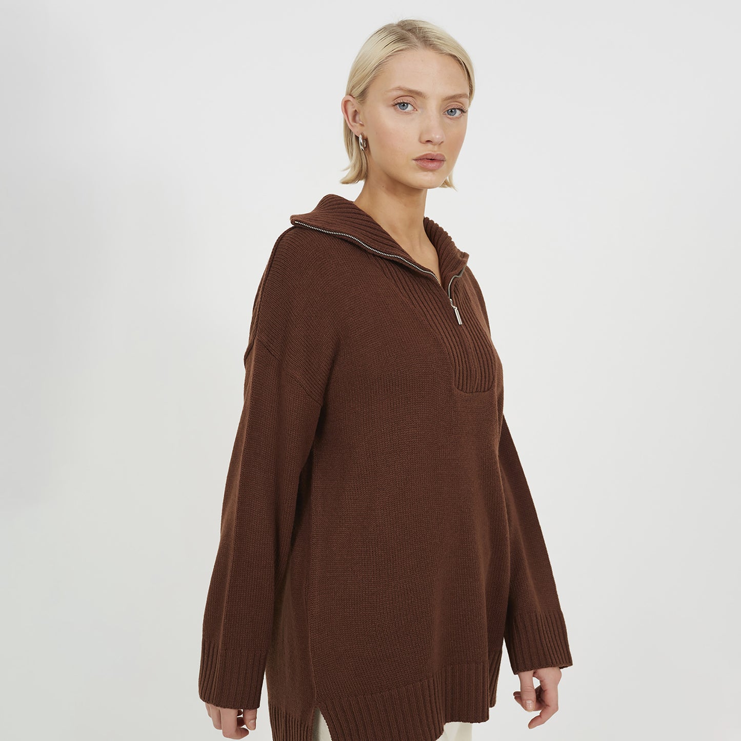 Brave Soul Chocolate Oversized 1/2 Zip Knitted Jumper - Chocolate Image 4