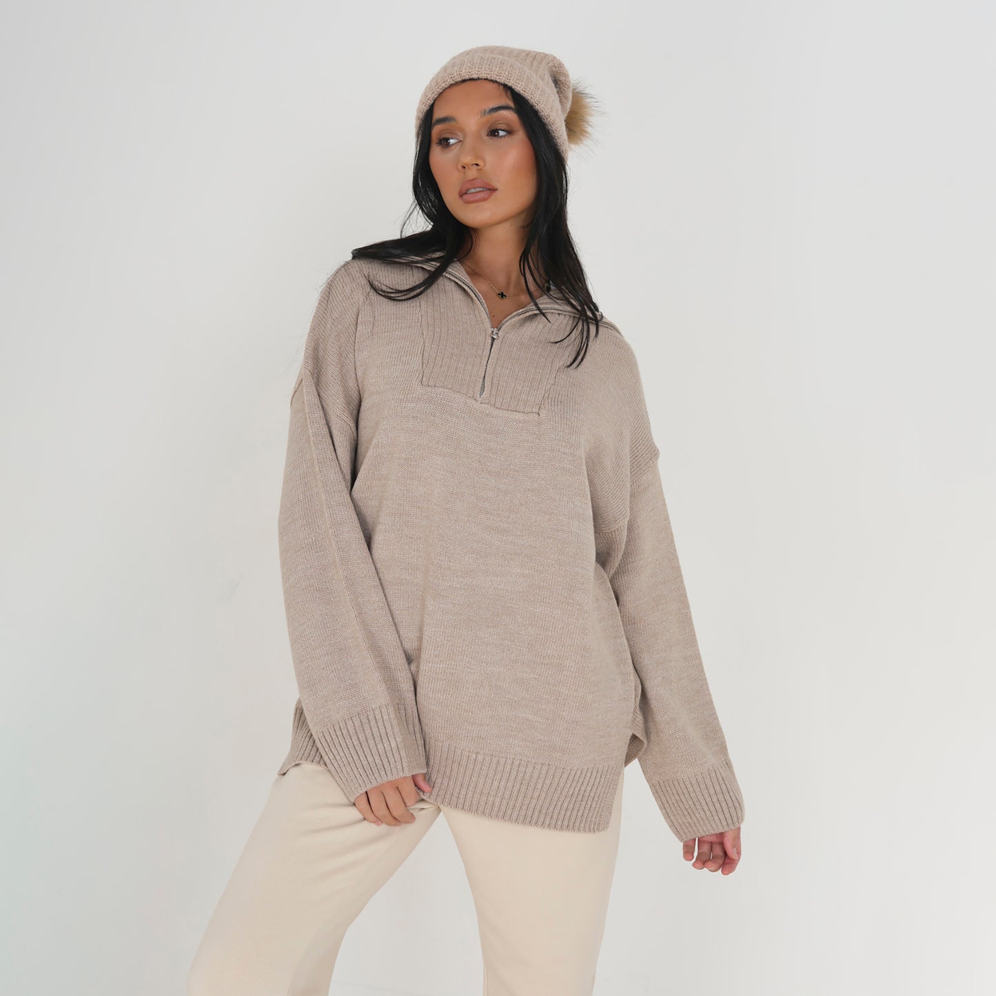 Brave Soul Stone Oversized 1/2 Zip Knitted Jumper - Stone Image 4