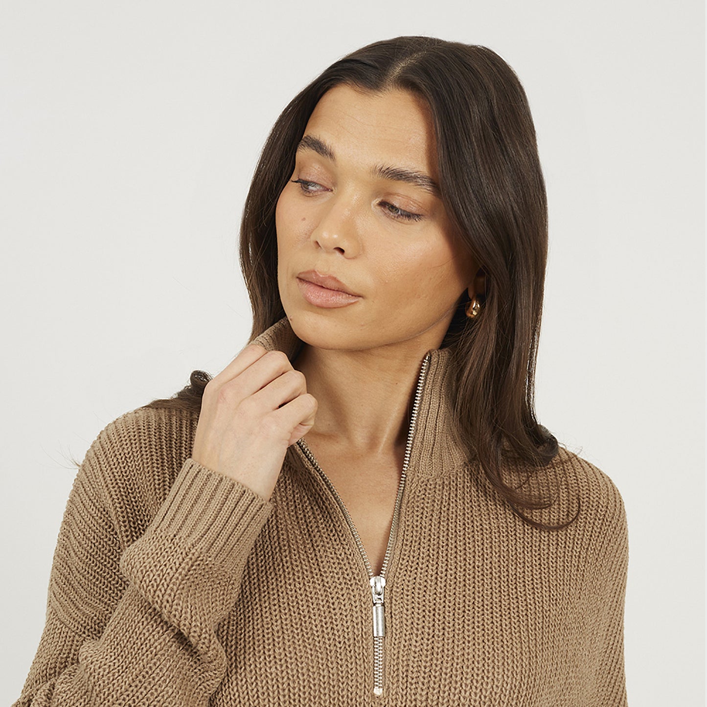 Brave Soul Beige Half Zip Funnel Neck Fisherman Knit Jumper - Beige Image 4
