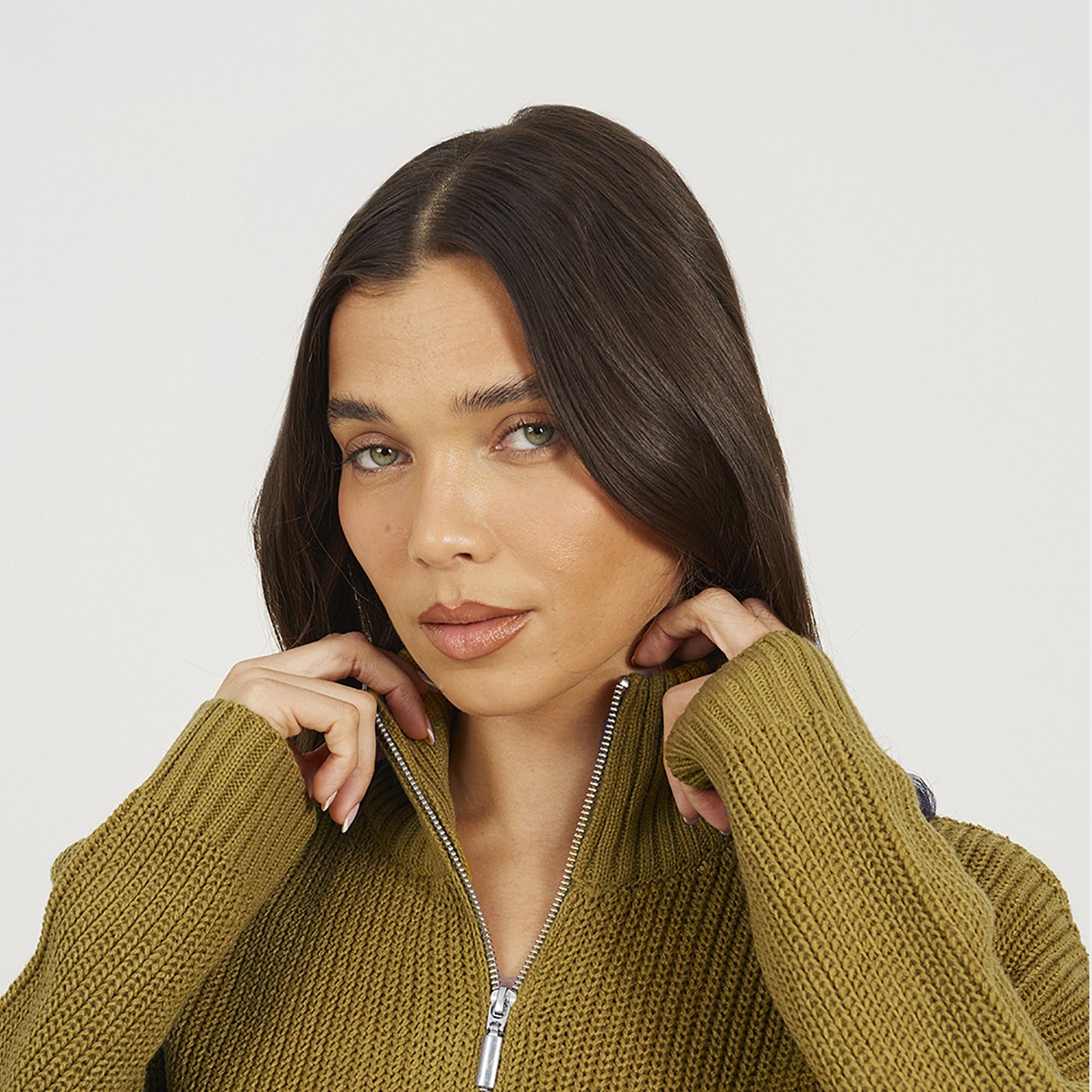 Brave Soul Olive Half Zip Funnel Neck Fisherman Knit Jumper - Olive Image 4