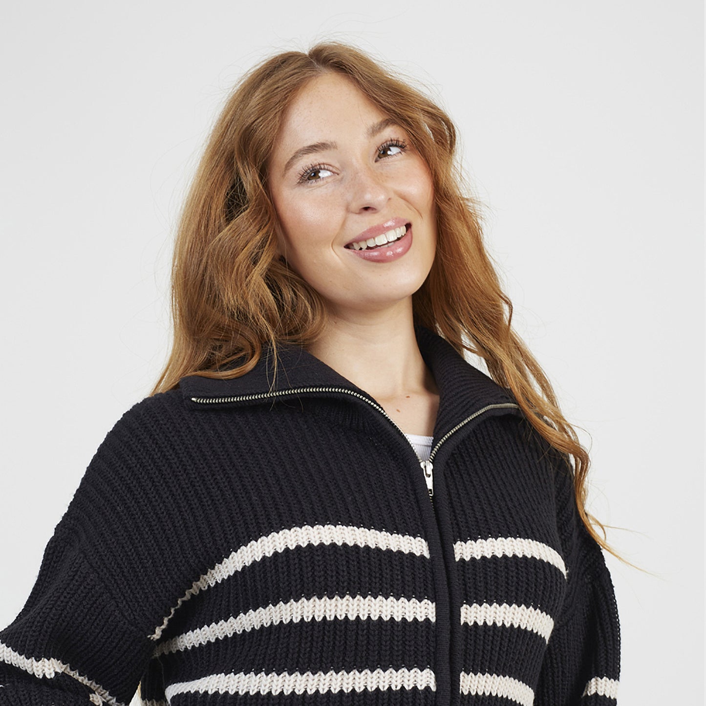 Brave Soul Black Stripe Zip Through Fisherman Knit Jumper - Black Image 4