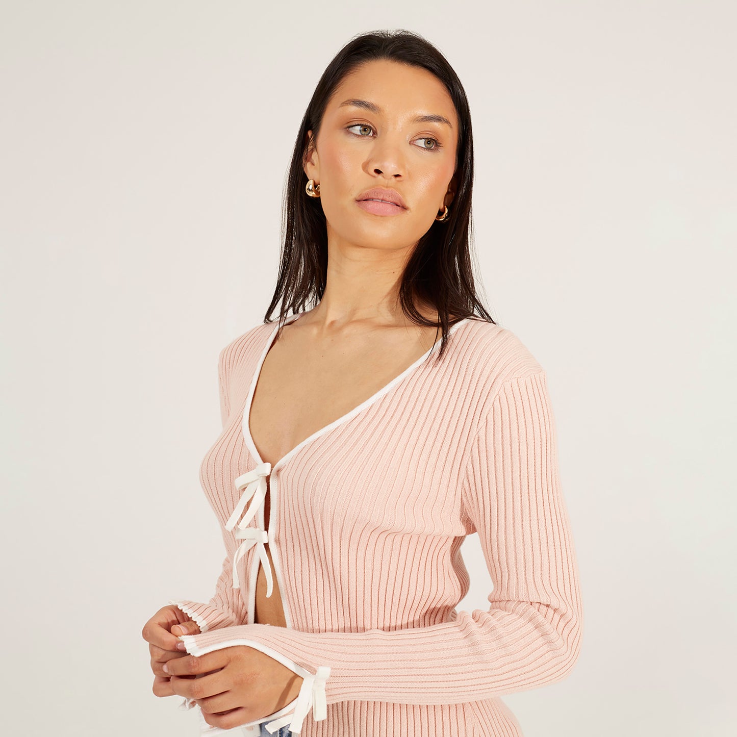 Brave Soul Pale Pink Ribbed Knitted Cardigan with Bow Fastening - Pale Pink Image 4
