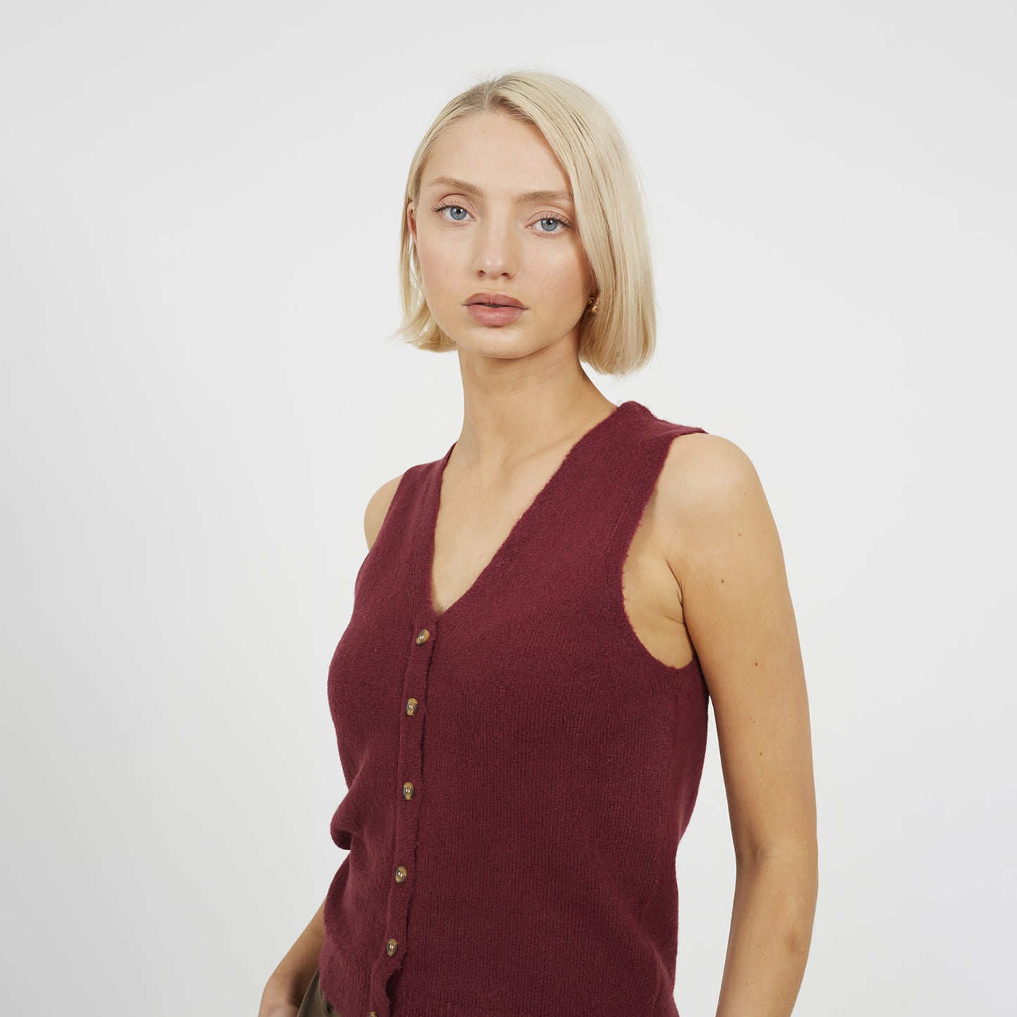 Brave Soul Wine Mossy Yarn V-Neck Knitted Waistcoat - Wine Image 4