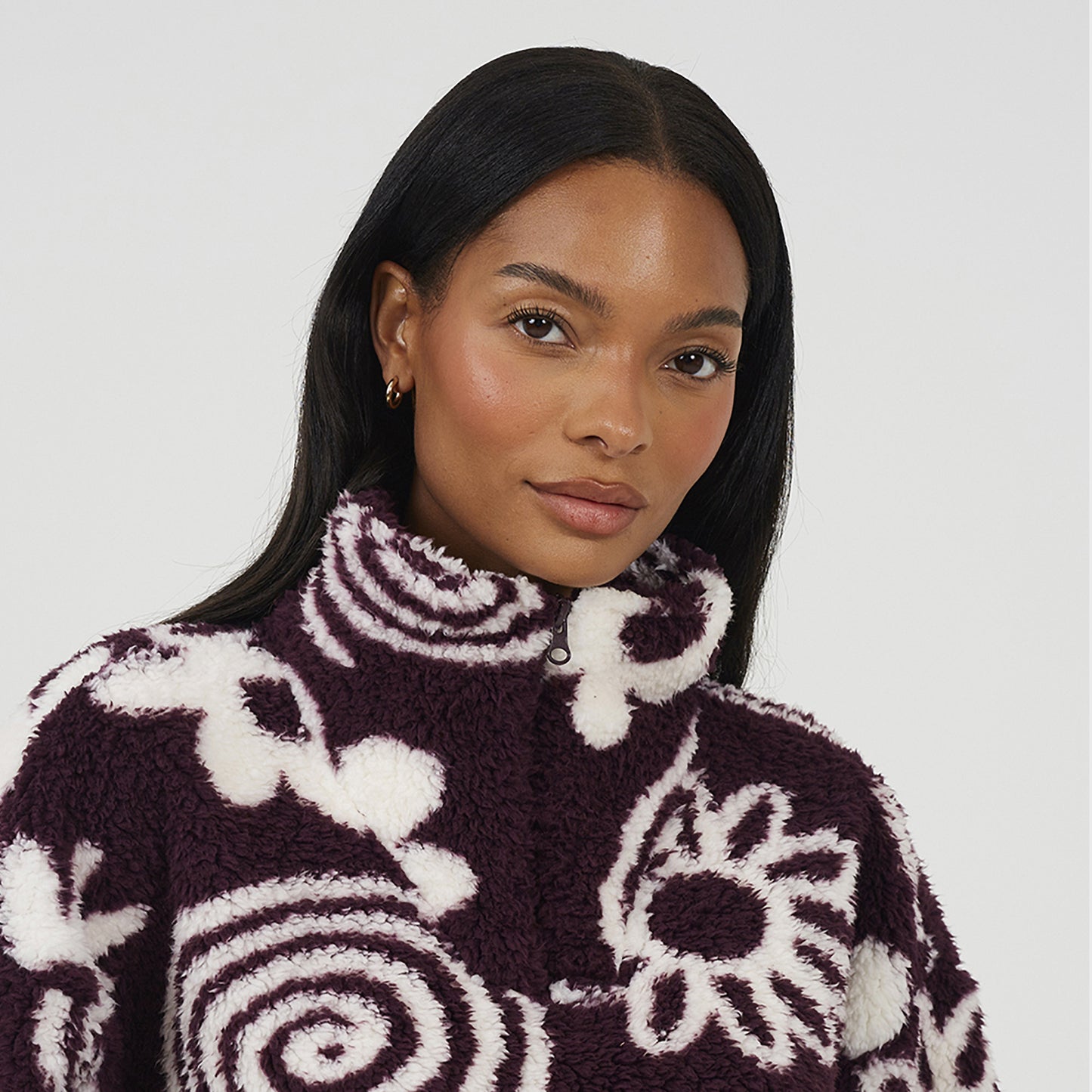 Brave Soul Burgundy Quarter Zip Flower Print Sherpa Fleece - Burgundy Image 4