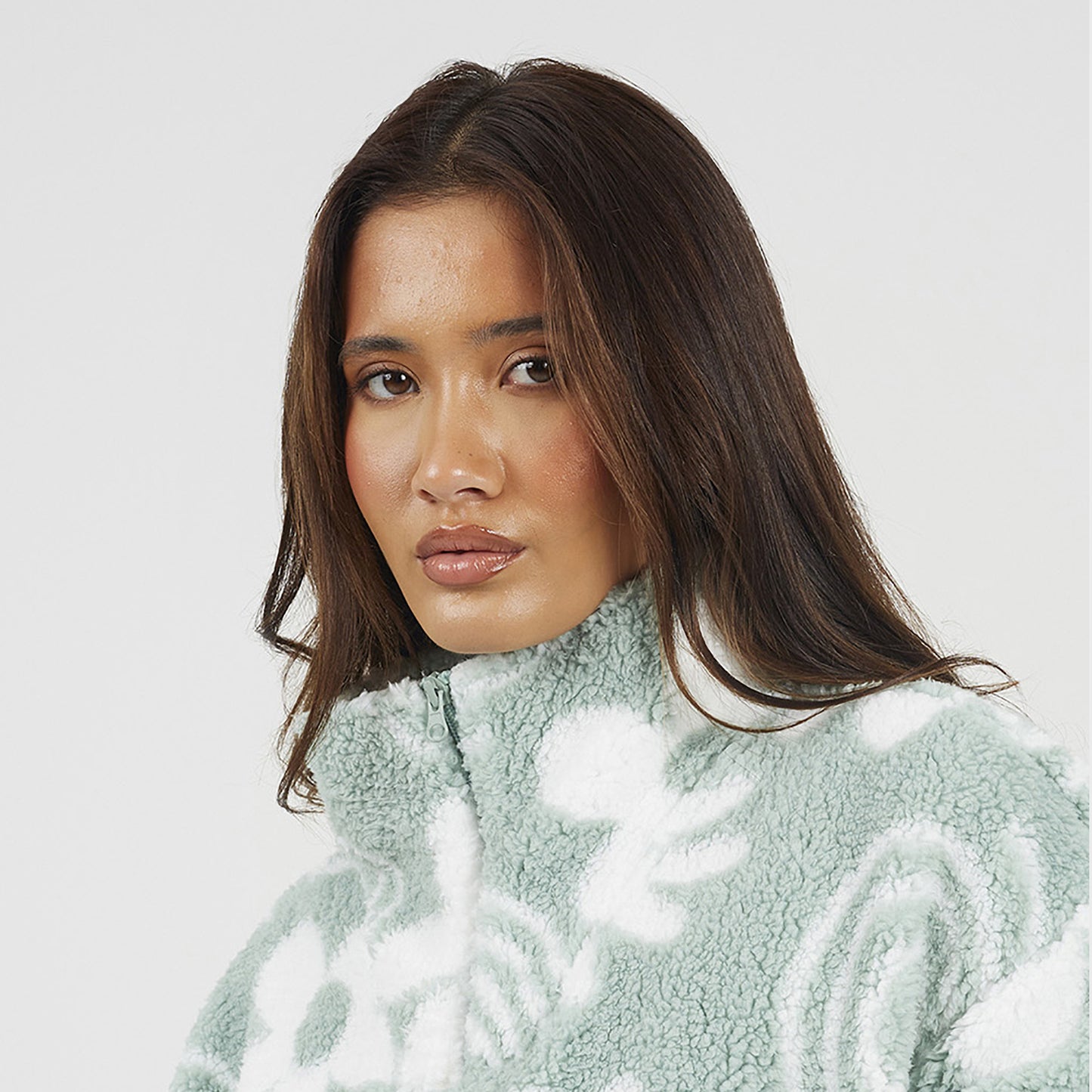 Brave Soul Mint Quarter Zip Flower Print Sherpa Fleece - Mint Image 4