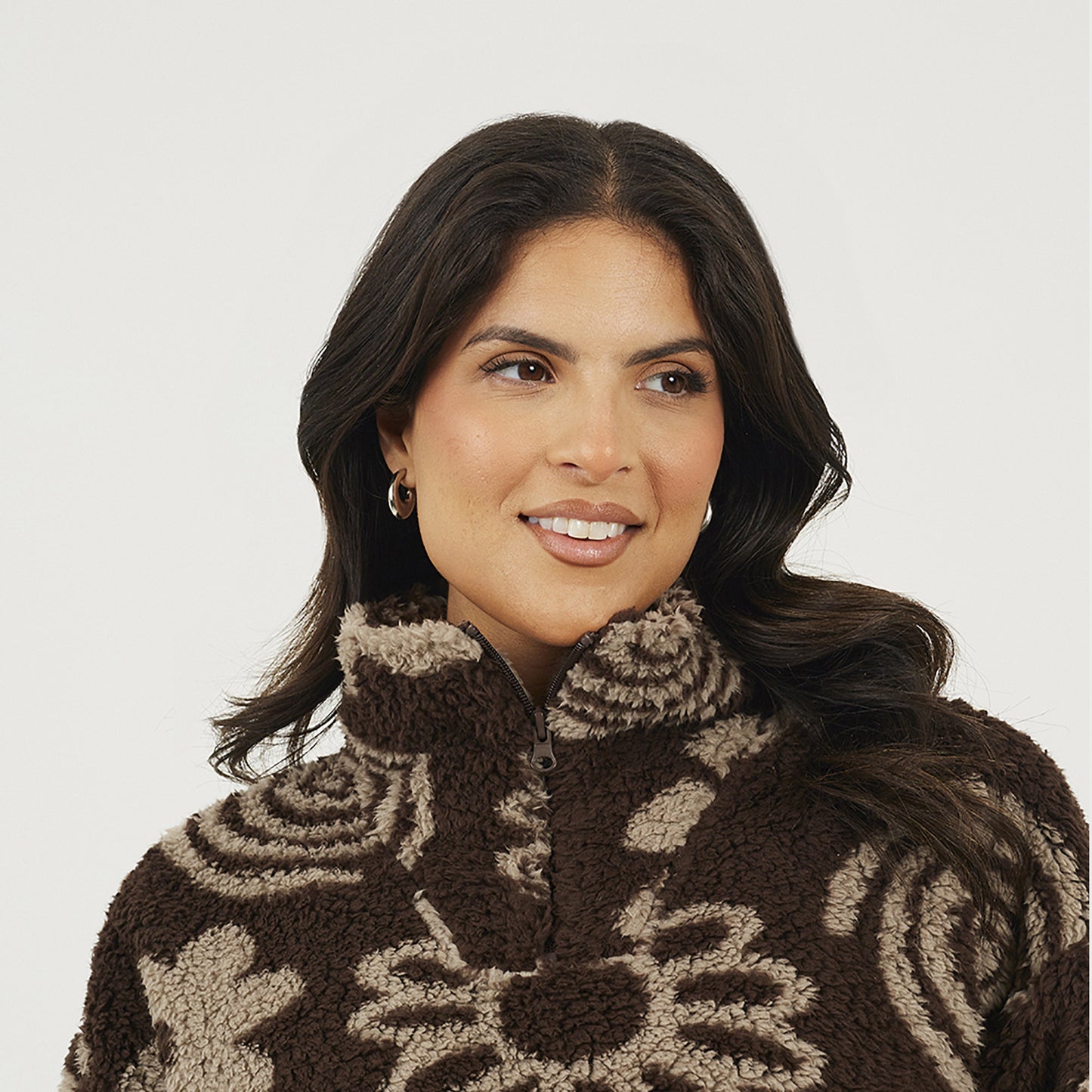 Brave Soul Chocolate Quarter Zip Flower Print Sherpa Fleece - Chocolate Image 4