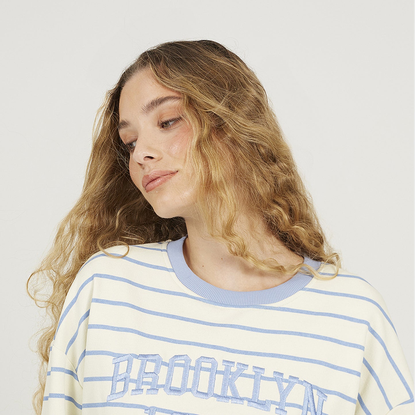 Brave Soul Cream Stripe Embroidered Crew Neck Sweatshirt - Cream Image 4