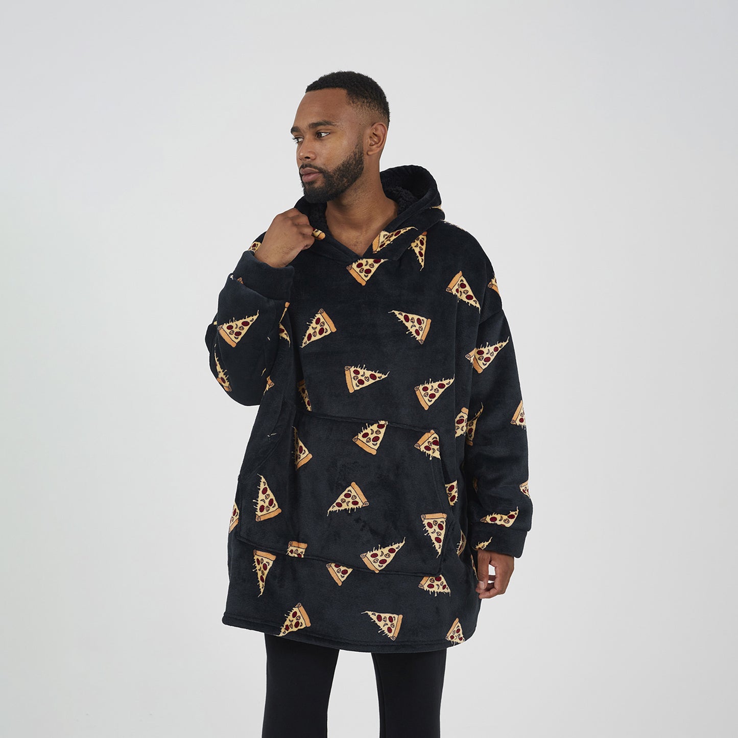 Brave Soul Black Pizza Print Snuggie with Hood - Black Image 1