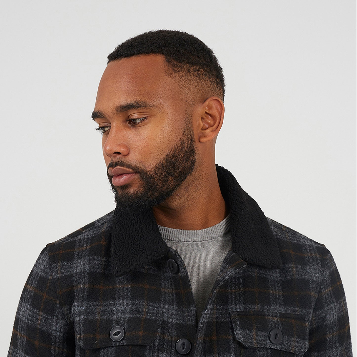Brave Soul Black Checked Jacket with Sherpa Collar - Black Image 4