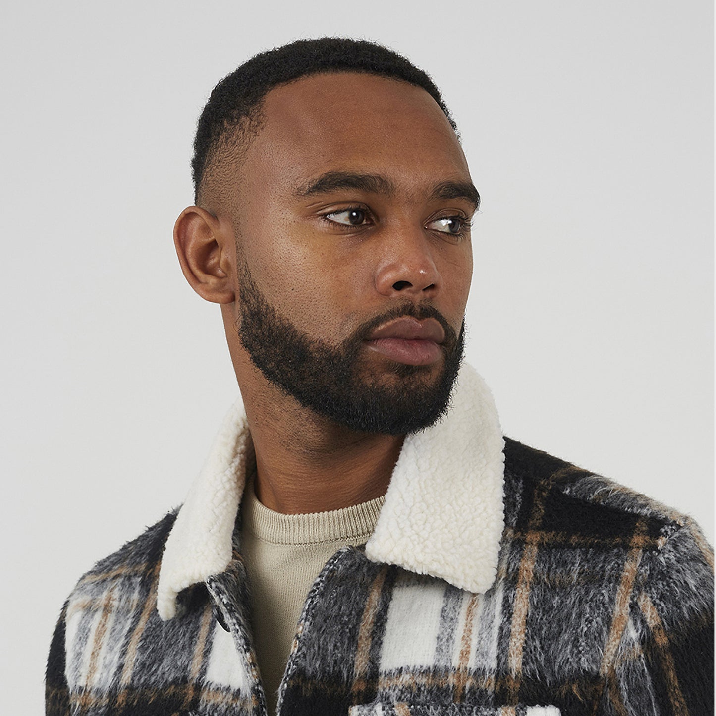 Brave Soul Black Brushed Check Jacket with Sherpa Collar - Black Image 4