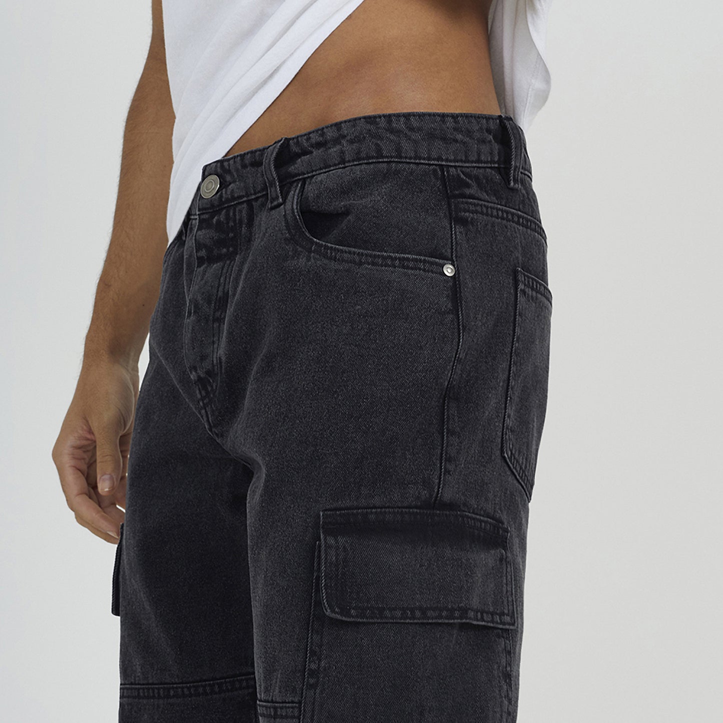 Brave Soul Charcoal Cargo Style Denim Jeans With Side Hem Split Detail - Charcoal Image 4