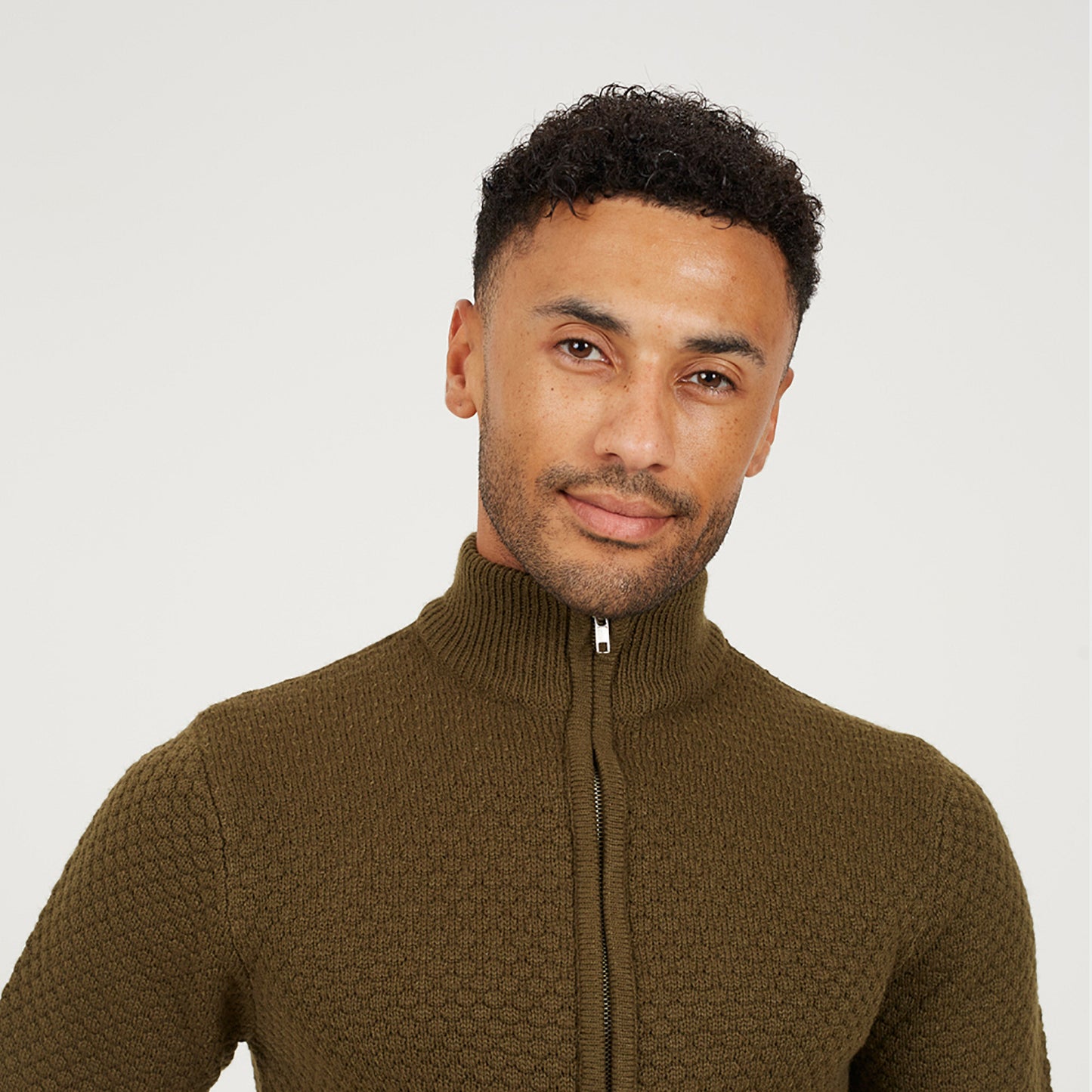 Brave Soul Khaki Zip Through Funnel Neck Knit Cardigan - Khaki Image 4