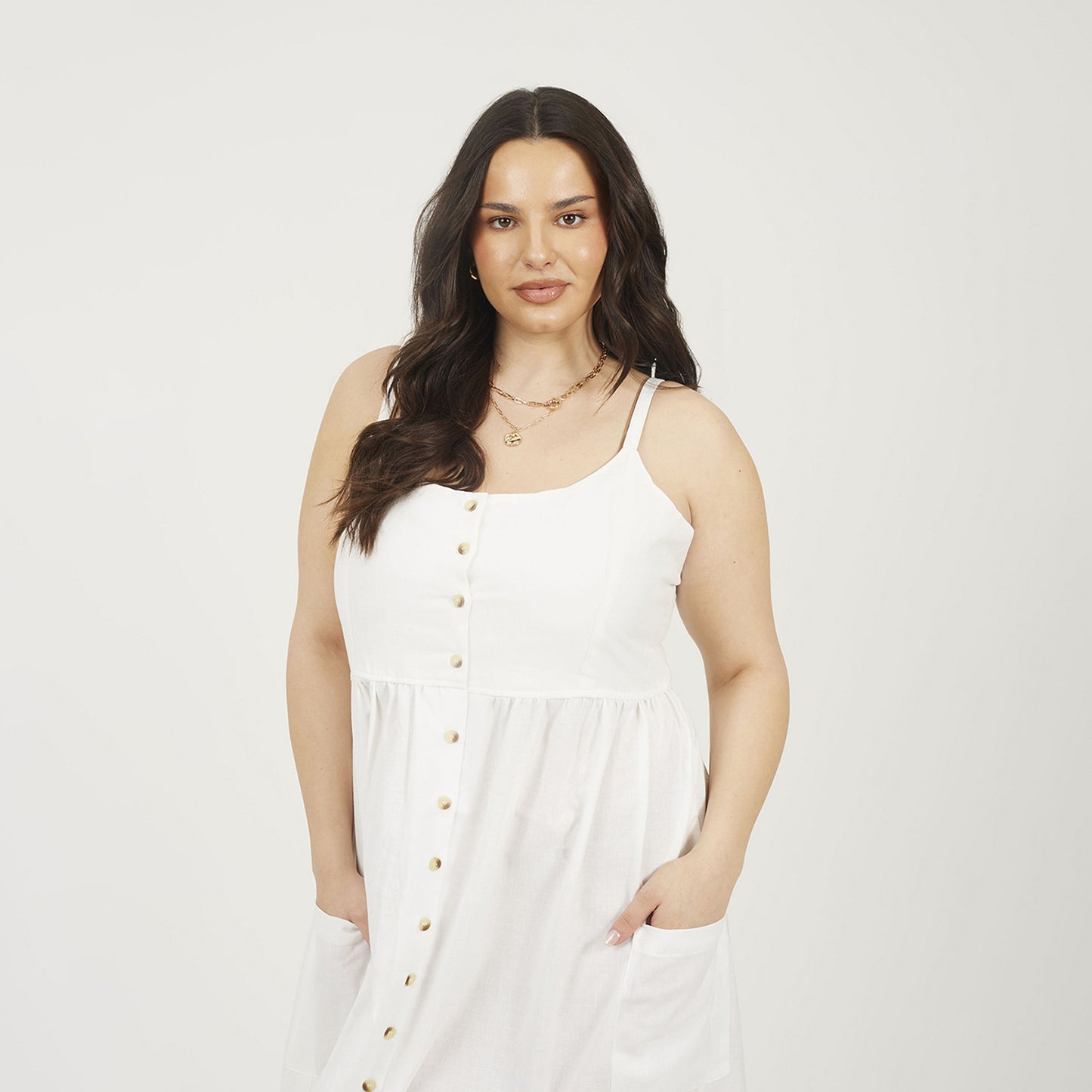 Brave Soul White Plus Button Down Trappy Midi Dress - White Image 3