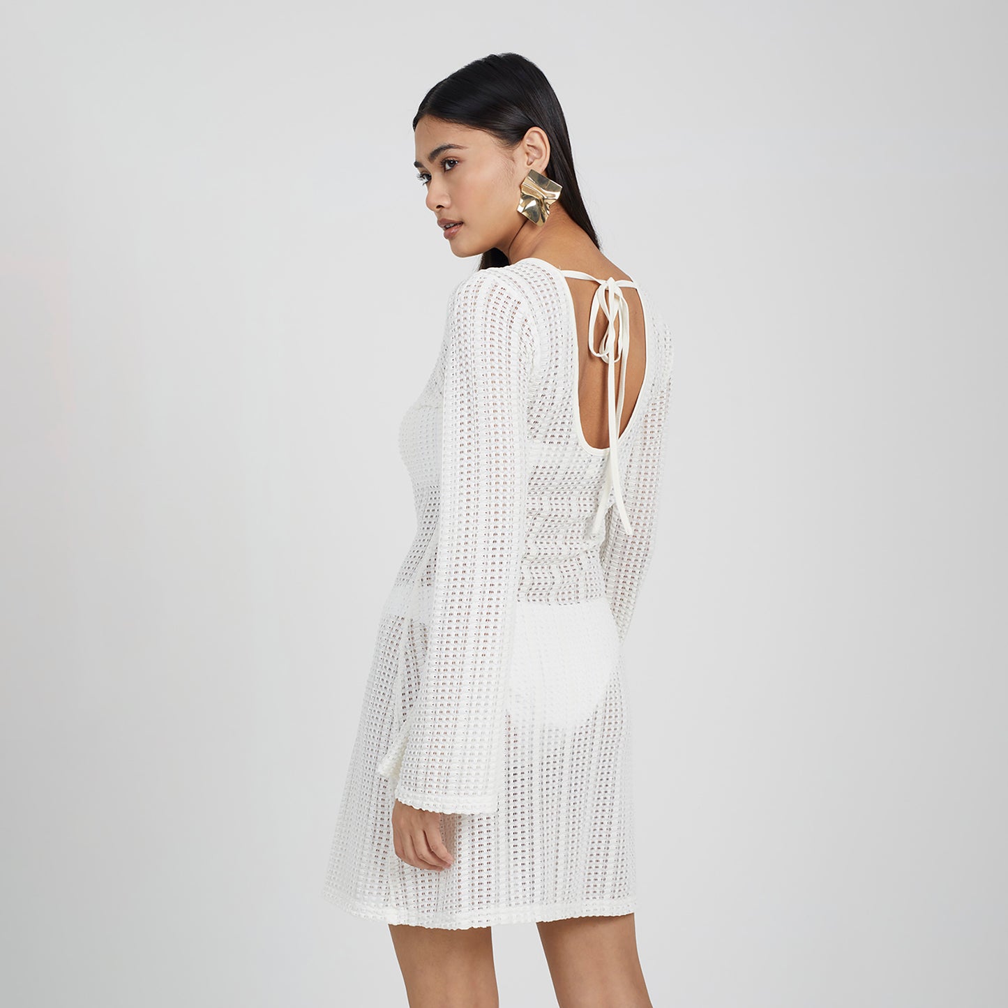Brave Soul Off White Long Sleeve Knitted Mesh Mini Dress - Off White Image 2
