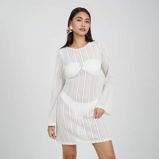 Brave Soul Off White Long Sleeve Knitted Mesh Mini Dress - Off White Image 1