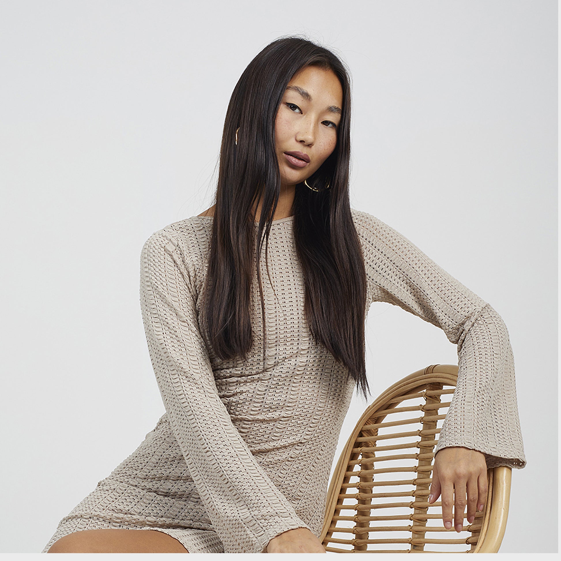 Brave Soul Taupe Long Sleeve Knitted Mesh Mini Dress - Taupe Image 4