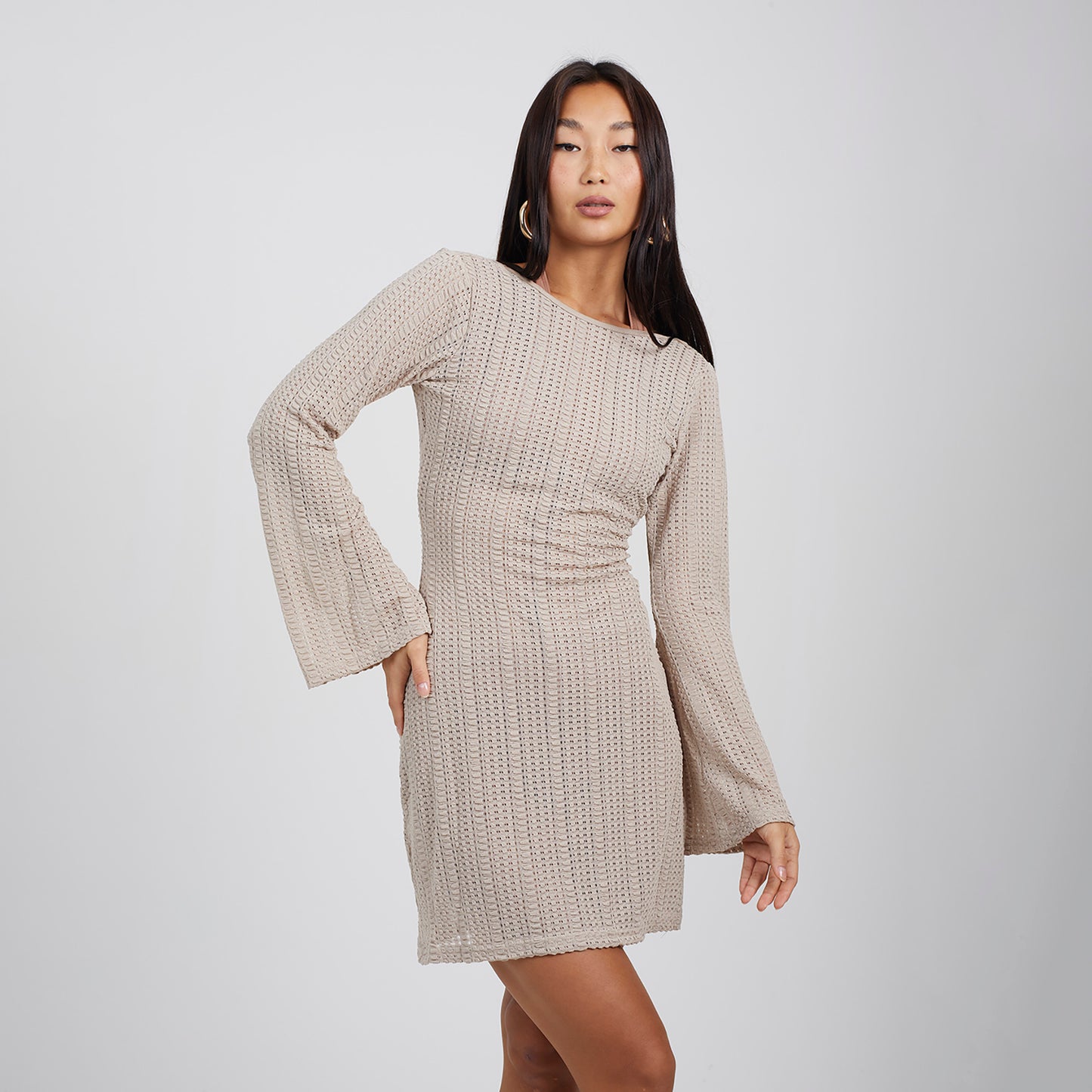 Brave Soul Taupe Long Sleeve Knitted Mesh Mini Dress - Taupe Image 1