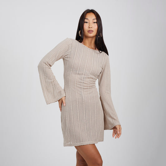 Brave Soul Taupe Long Sleeve Knitted Mesh Mini Dress - Taupe Image 1