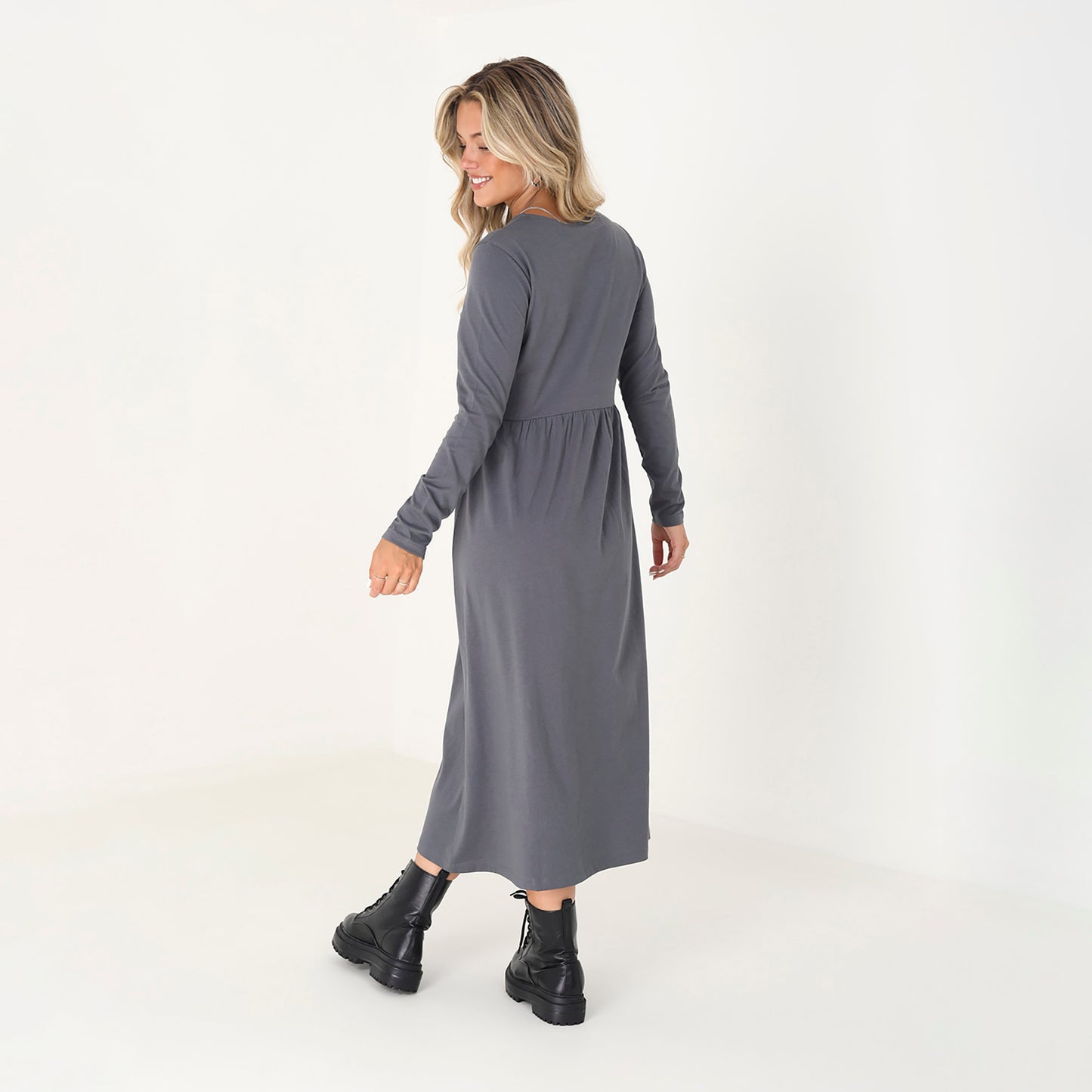 Brave Soul Grey Cotton Long Sleeve Midi Smock Dress - Grey Image 2