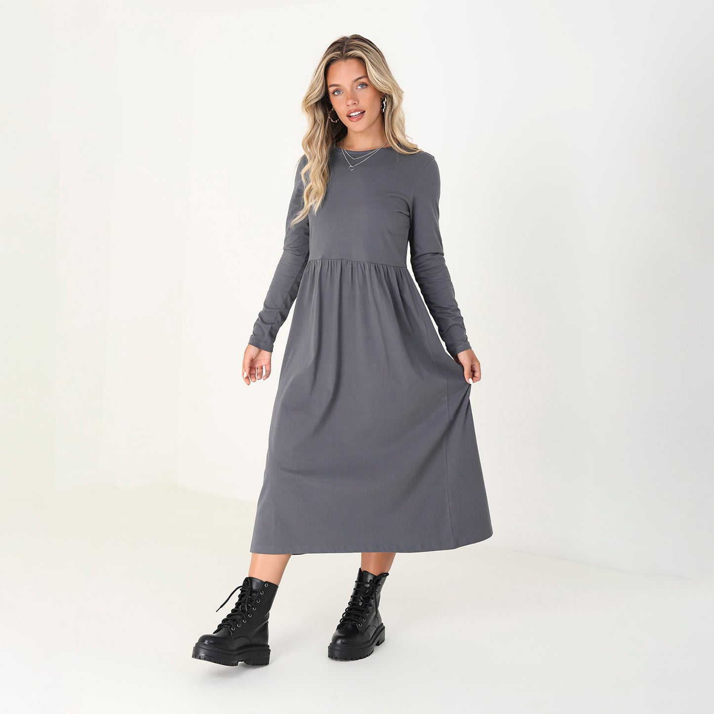 Brave Soul Grey Cotton Long Sleeve Midi Smock Dress - Grey Image 1