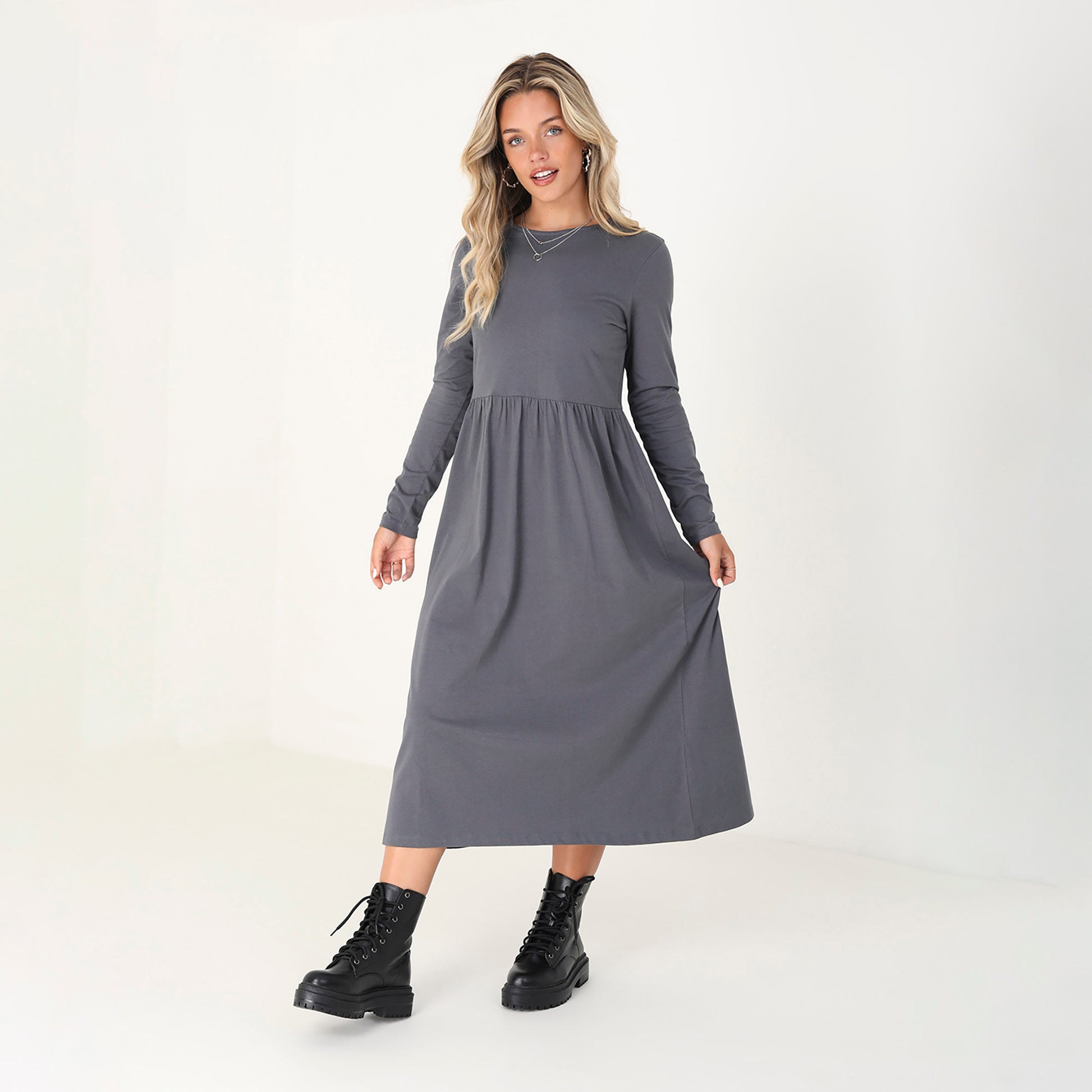 Brave Soul Grey Cotton Long Sleeve Midi Smock Dress - Grey Image 1