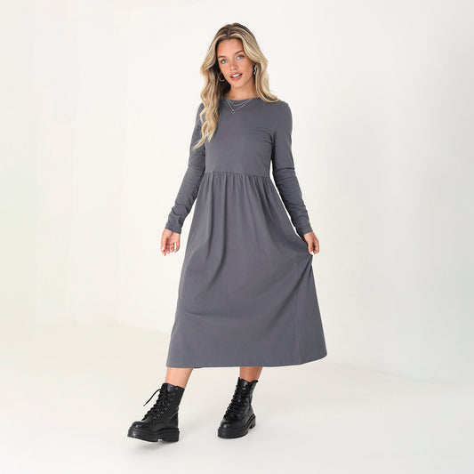 Brave Soul Grey Cotton Long Sleeve Midi Smock Dress - Grey Image 1