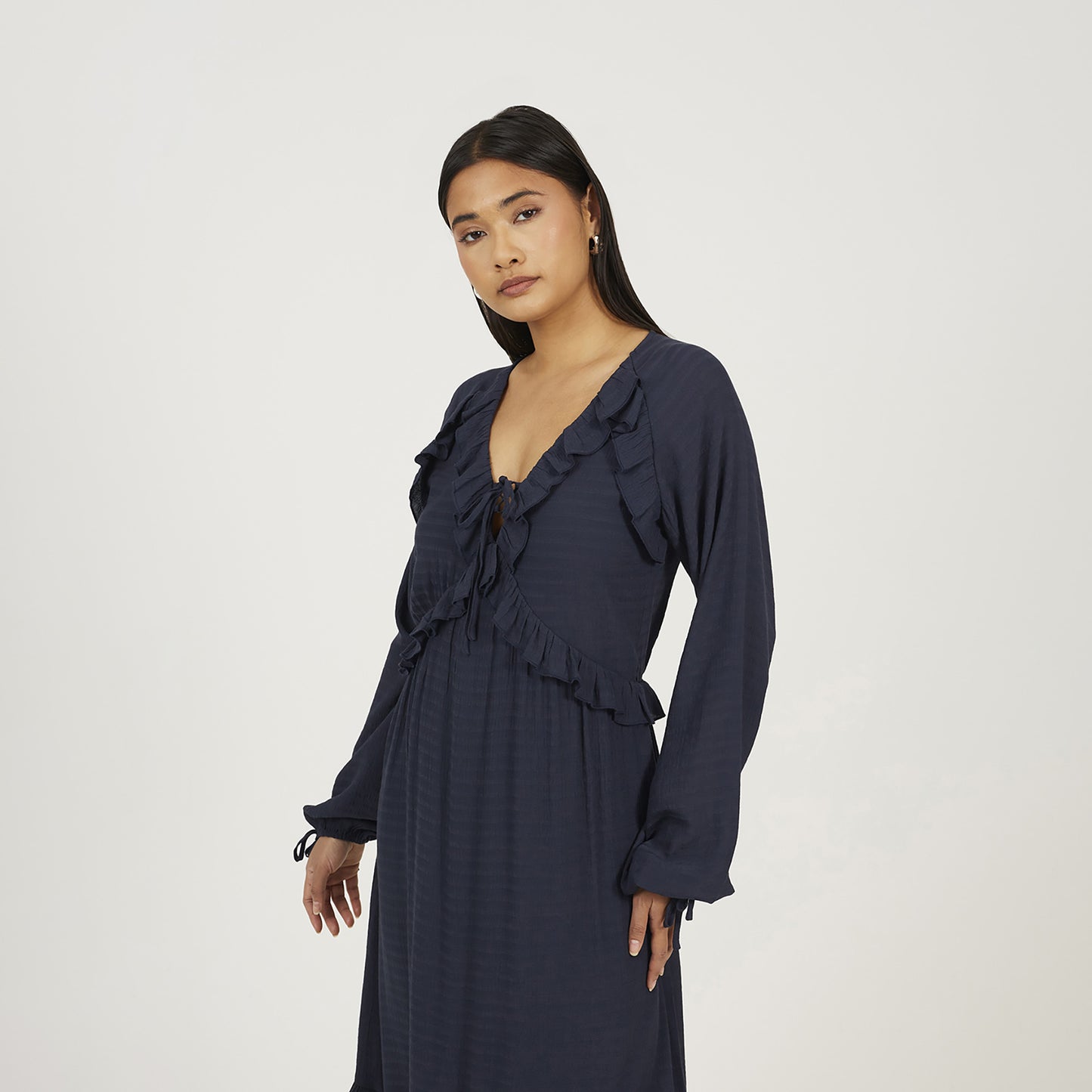 Brave Soul Navy Long Sleeve Maxi Dress With Frill Detail - Navy Image 3