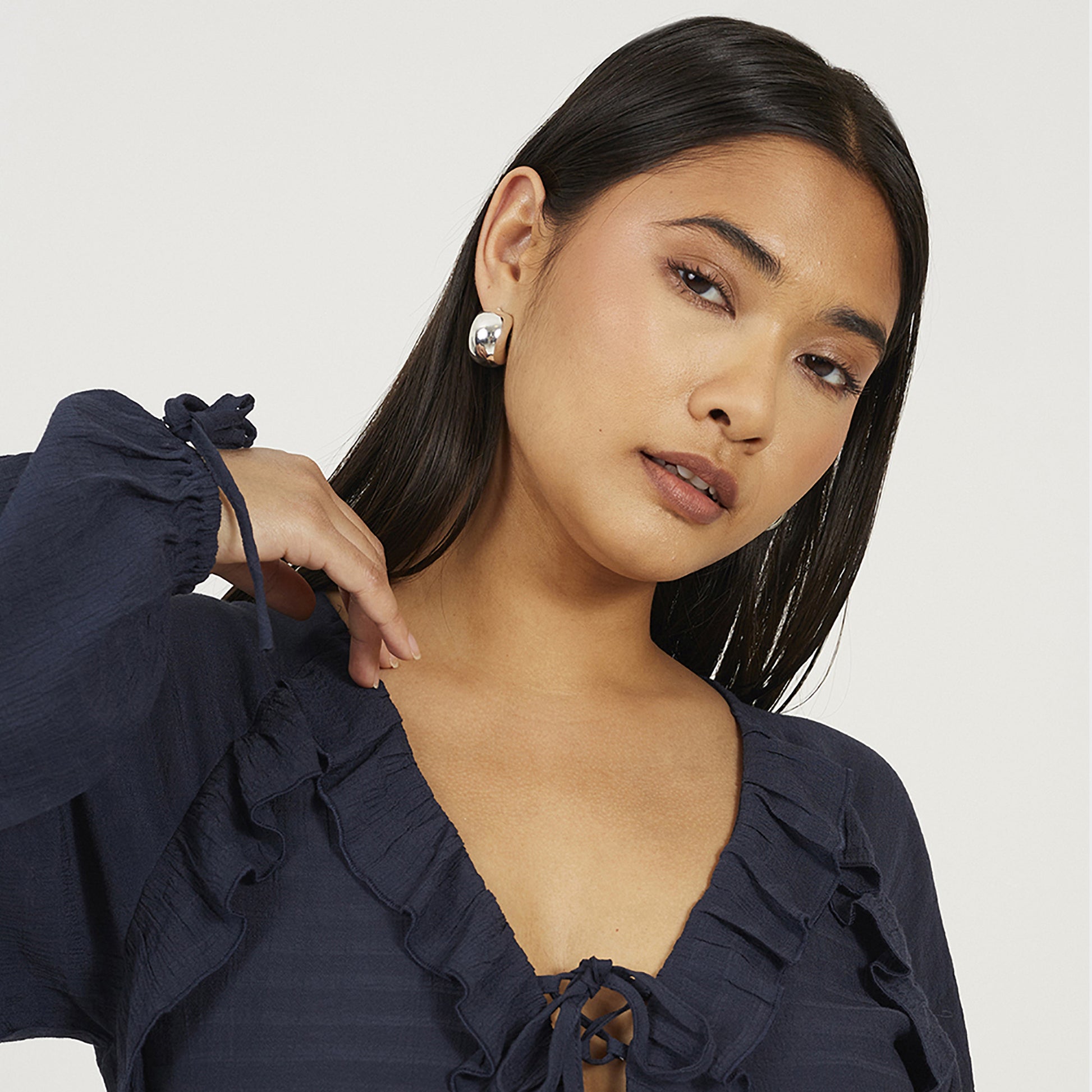 Brave Soul Navy Long Sleeve Maxi Dress With Frill Detail - Navy Image 4