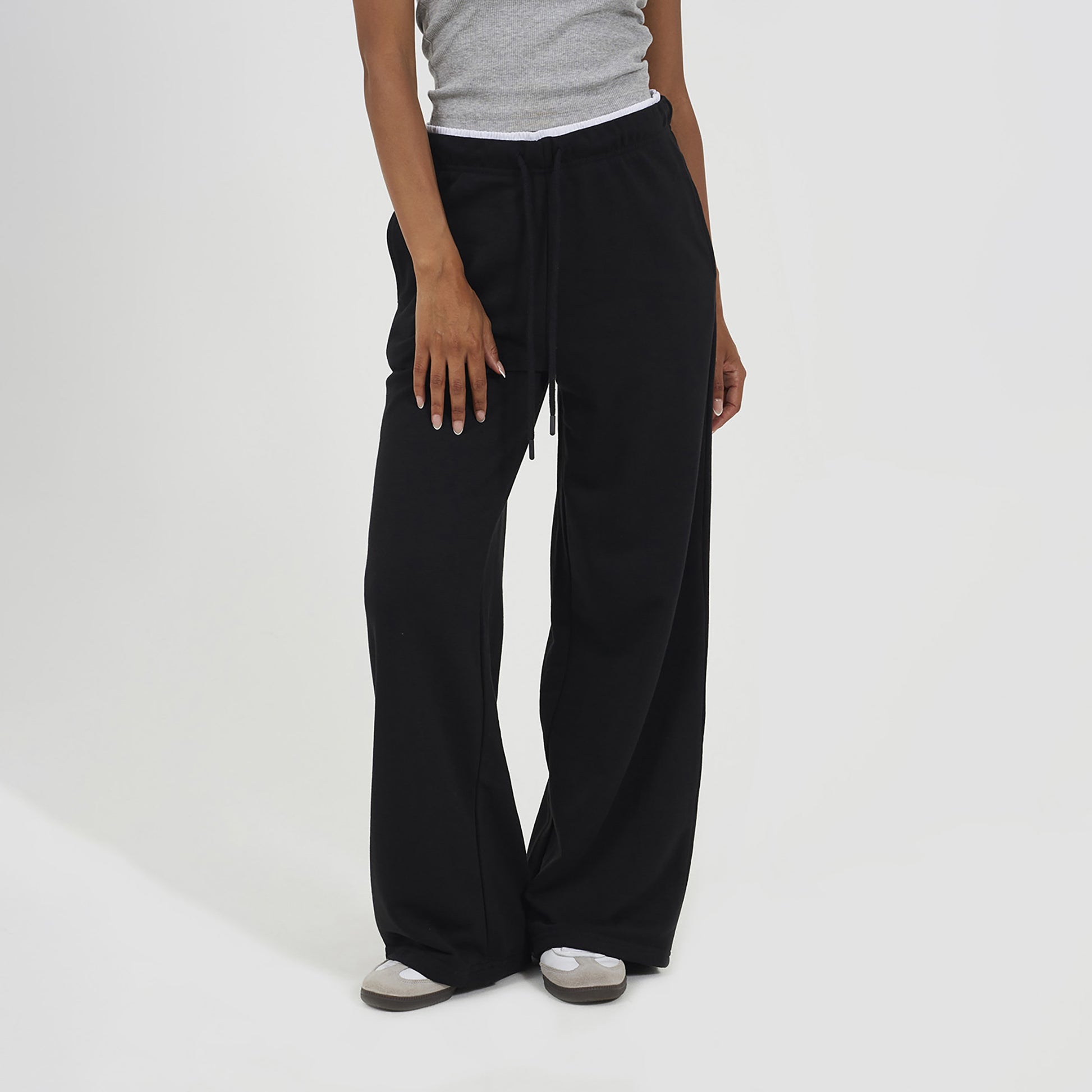 Brave Soul Black Contrast Double Waistband Wide Leg Joggers - Black Image 1