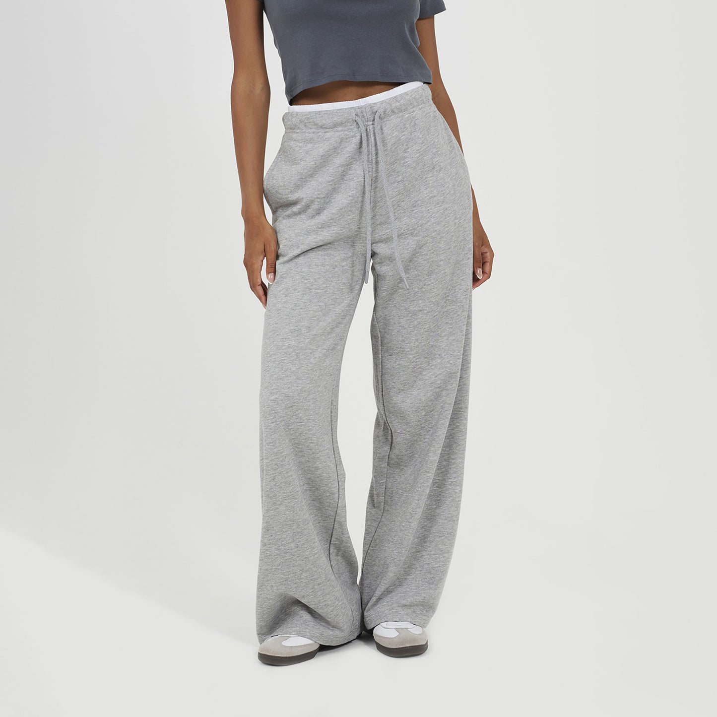 Brave Soul Grey Contrast Double Waistband Wide Leg Joggers - Grey Image 1