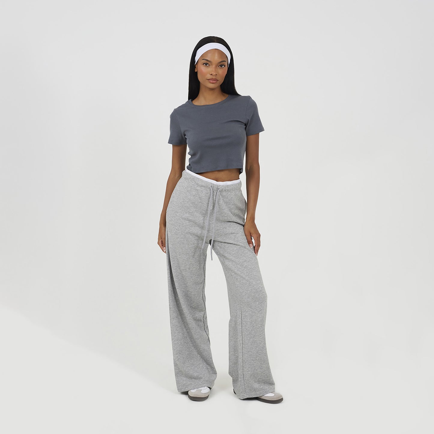 Brave Soul Grey Contrast Double Waistband Wide Leg Joggers - Grey Image 3