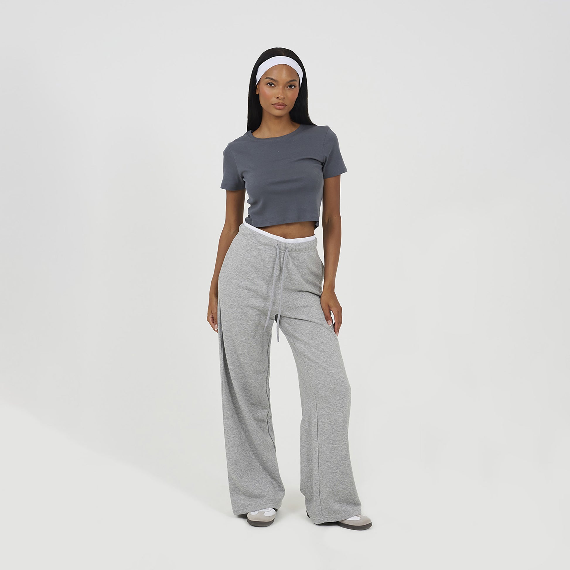 Brave Soul Grey Contrast Double Waistband Wide Leg Joggers - Grey Image 3