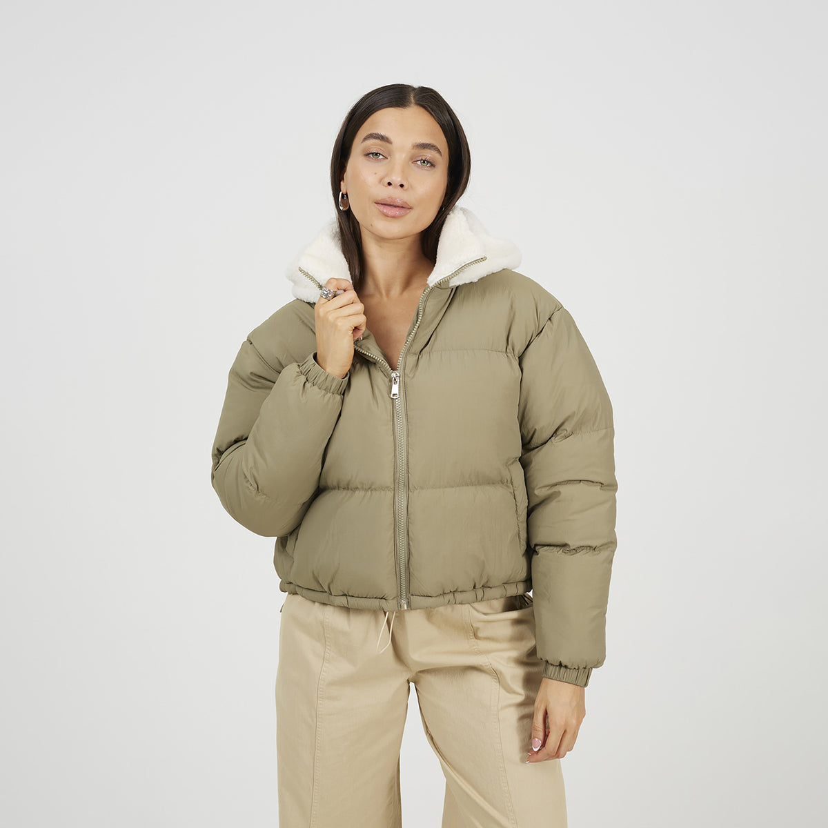 Brave Soul Pale Green Crinkle Oversized Short Puffer Jacket - Pale Green Image 1