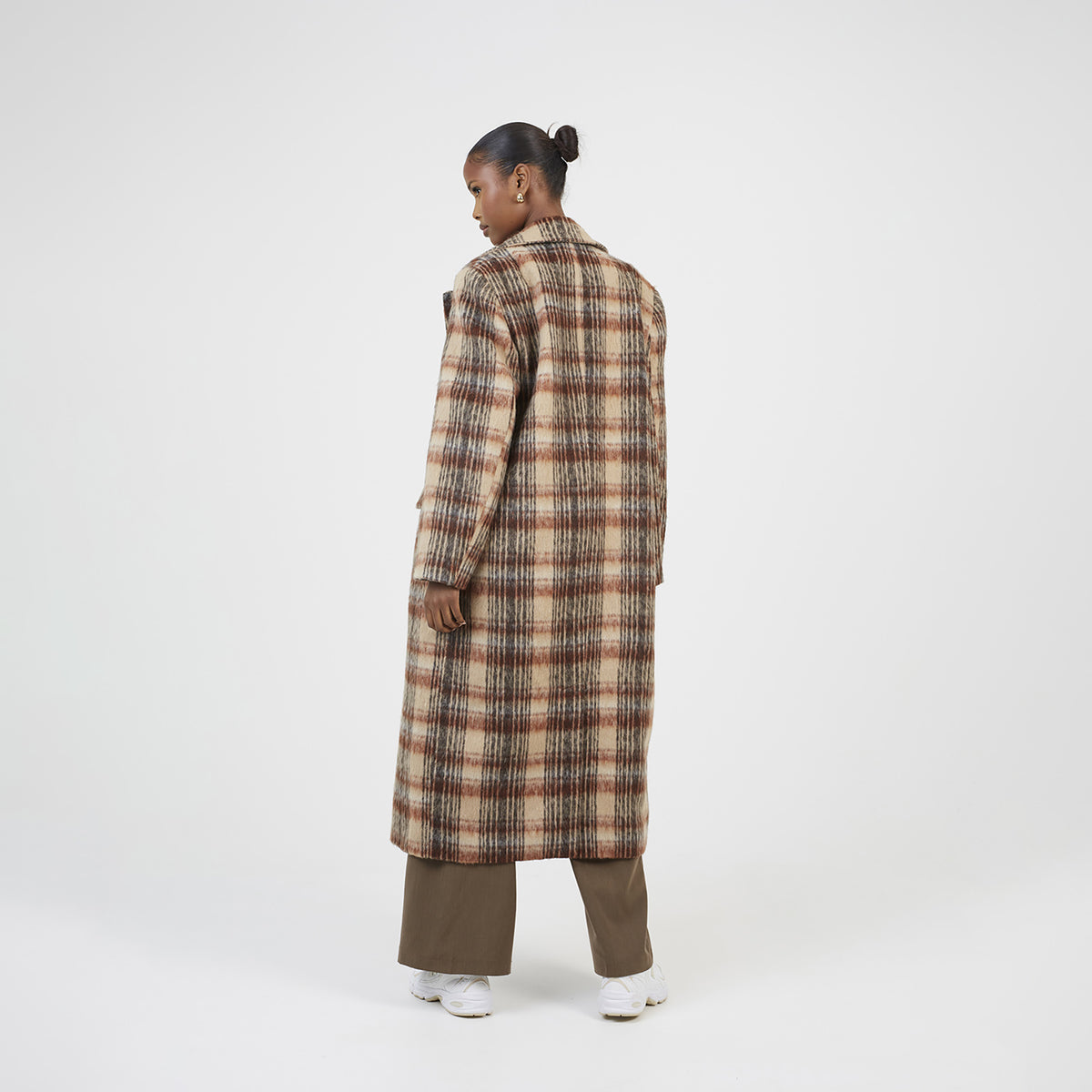 Brave Soul Brown Double Breasted Faux Wool Maxi Check Coat - Brown Image 2