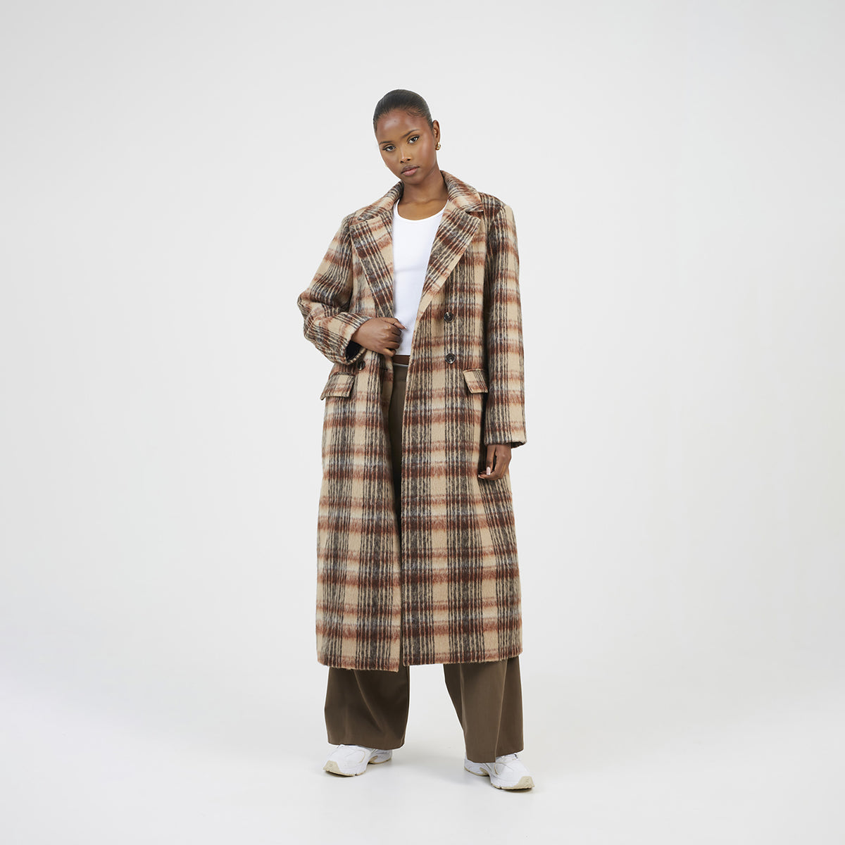 Brave Soul Brown Double Breasted Faux Wool Maxi Check Coat - Brown Image 1