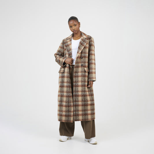 Brave Soul Brown Double Breasted Faux Wool Maxi Check Coat - Brown Image 1