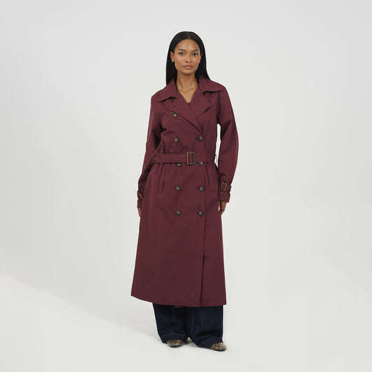 Brave Soul Burgundy Double-Breasted Longline Trench Coat  - Burgundy Image 1