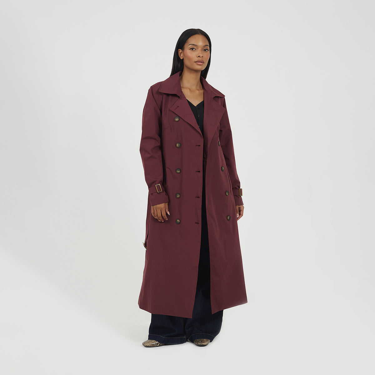 Brave Soul Burgundy Double-Breasted Longline Trench Coat  - Burgundy Image 3
