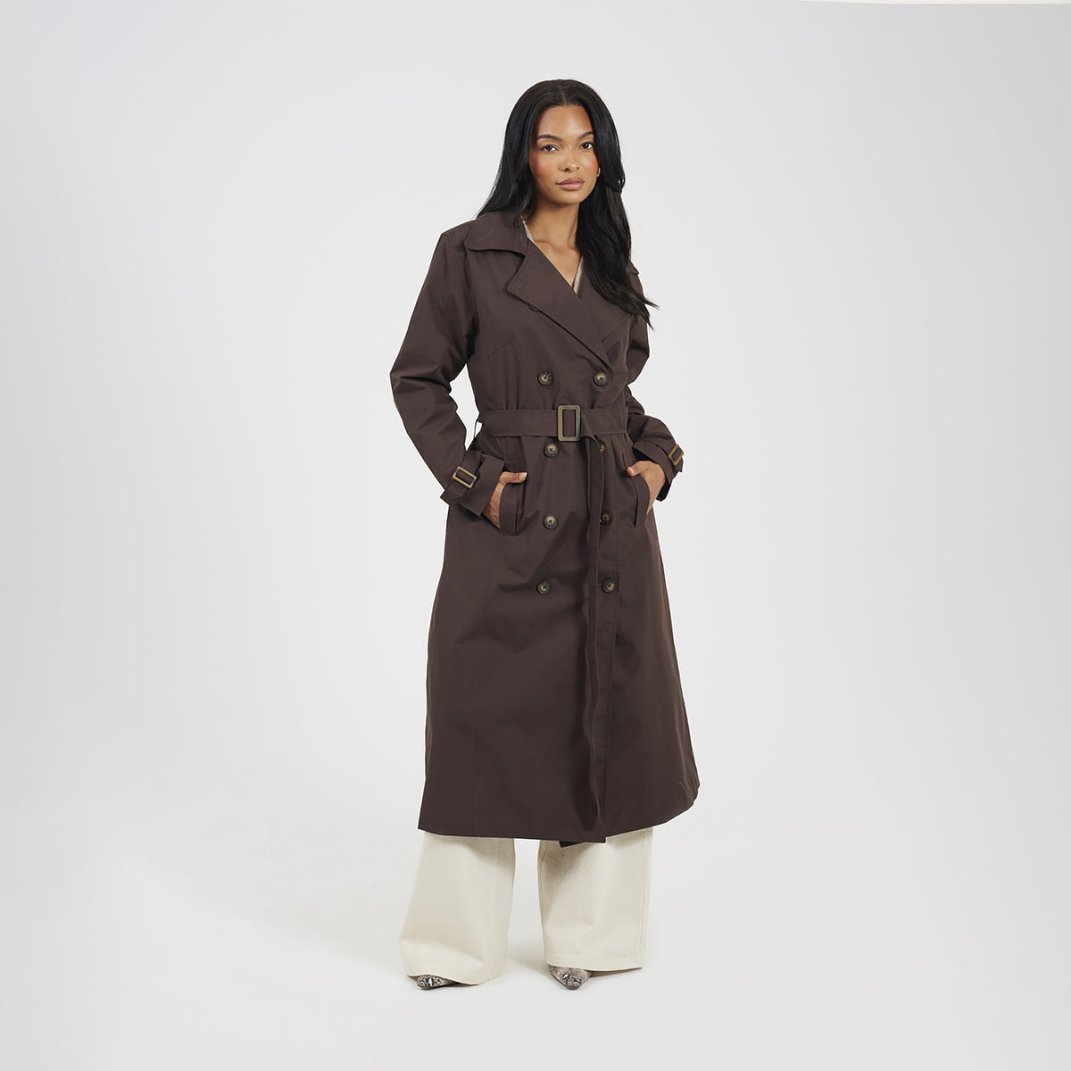 Brave Soul Chocolate Double-Breasted Longline Trench Coat  - Chocolate Image 1