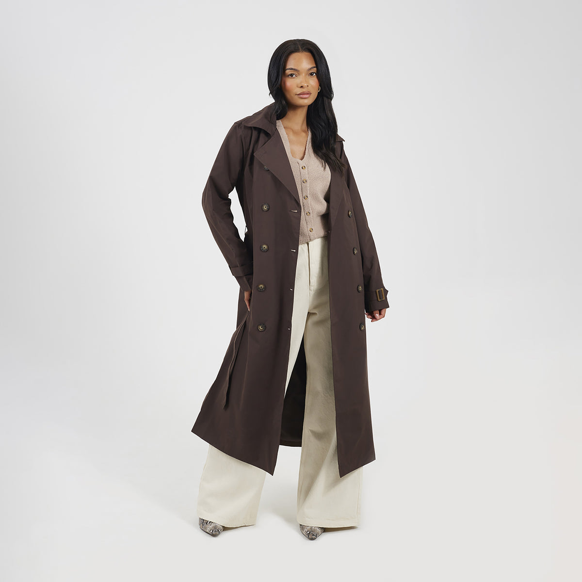 Brave Soul Chocolate Double-Breasted Longline Trench Coat  - Chocolate Image 3