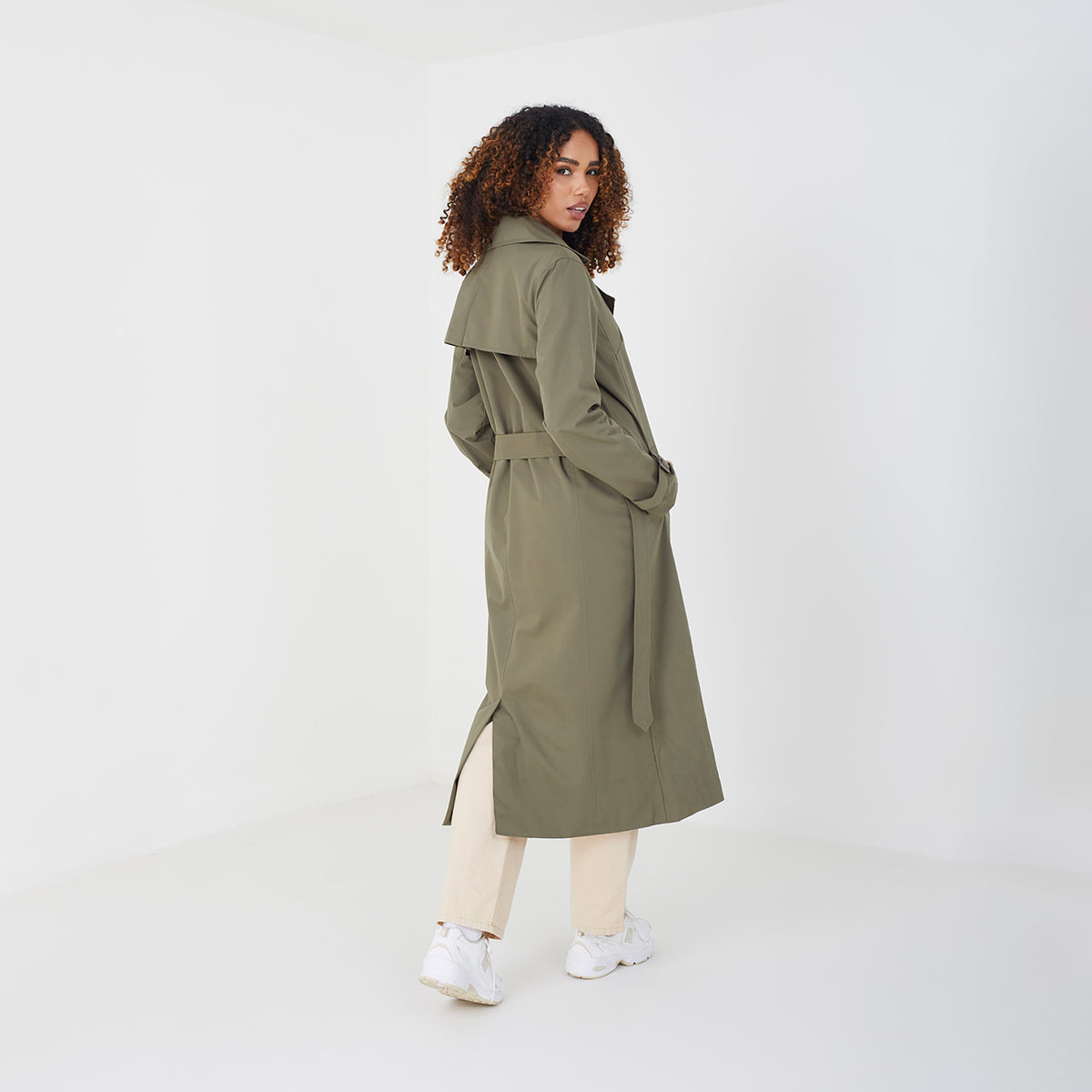 Brave Soul Light Khaki Double-Breasted Longline Trench Coat  - Light Khaki Image 2