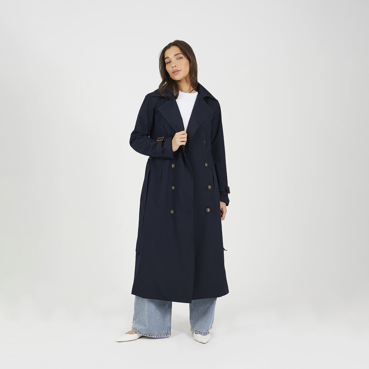 Brave Soul Navy Double-Breasted Longline Trench Coat  - Navy Image 3